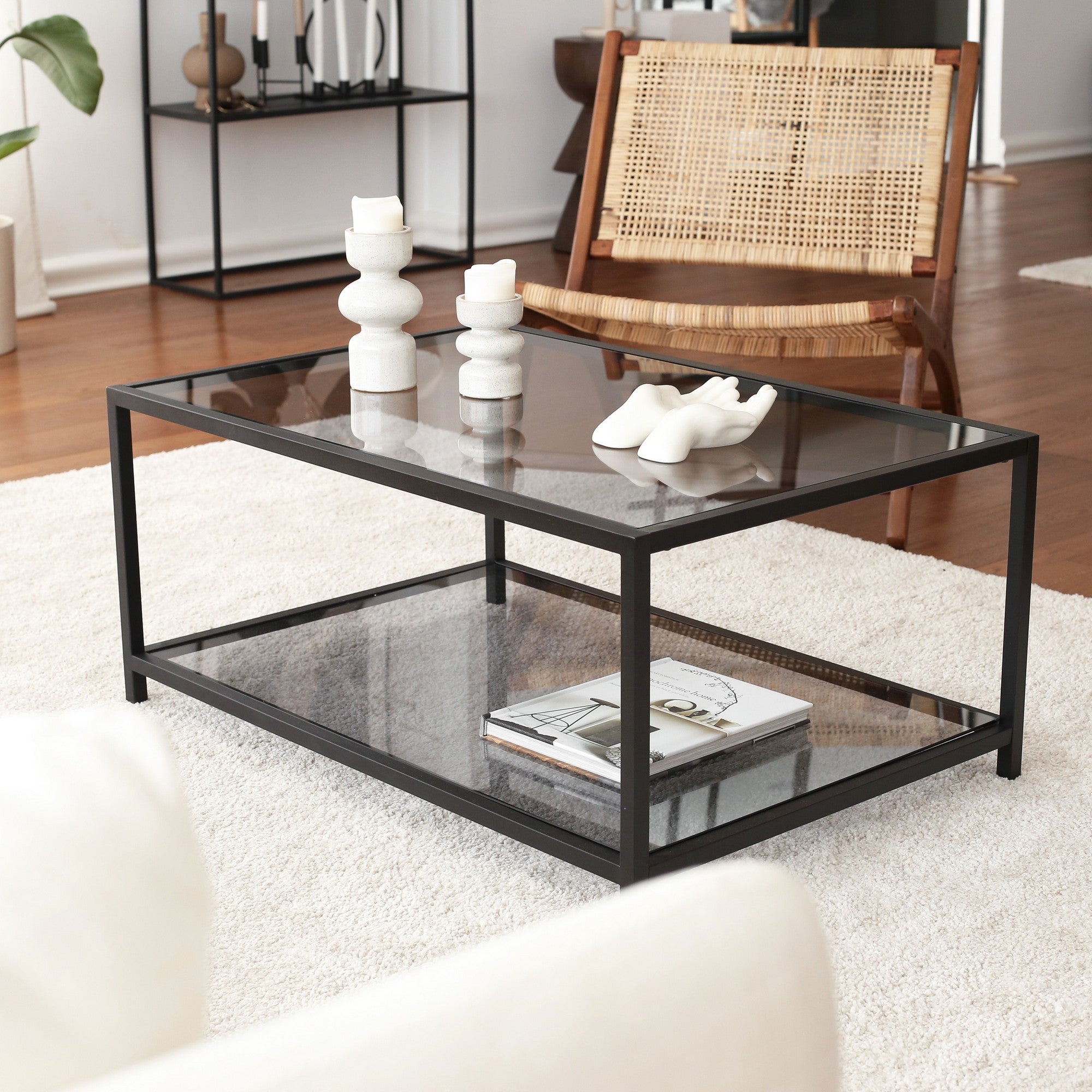 Mesa de Centro Moderna, Fumê e Preto, 90 x 60 x 40 cm | Vidro 100% Temperado (4 mm) e Estrutura de Metal | Design Industrial Elegante para Casa e Escritório