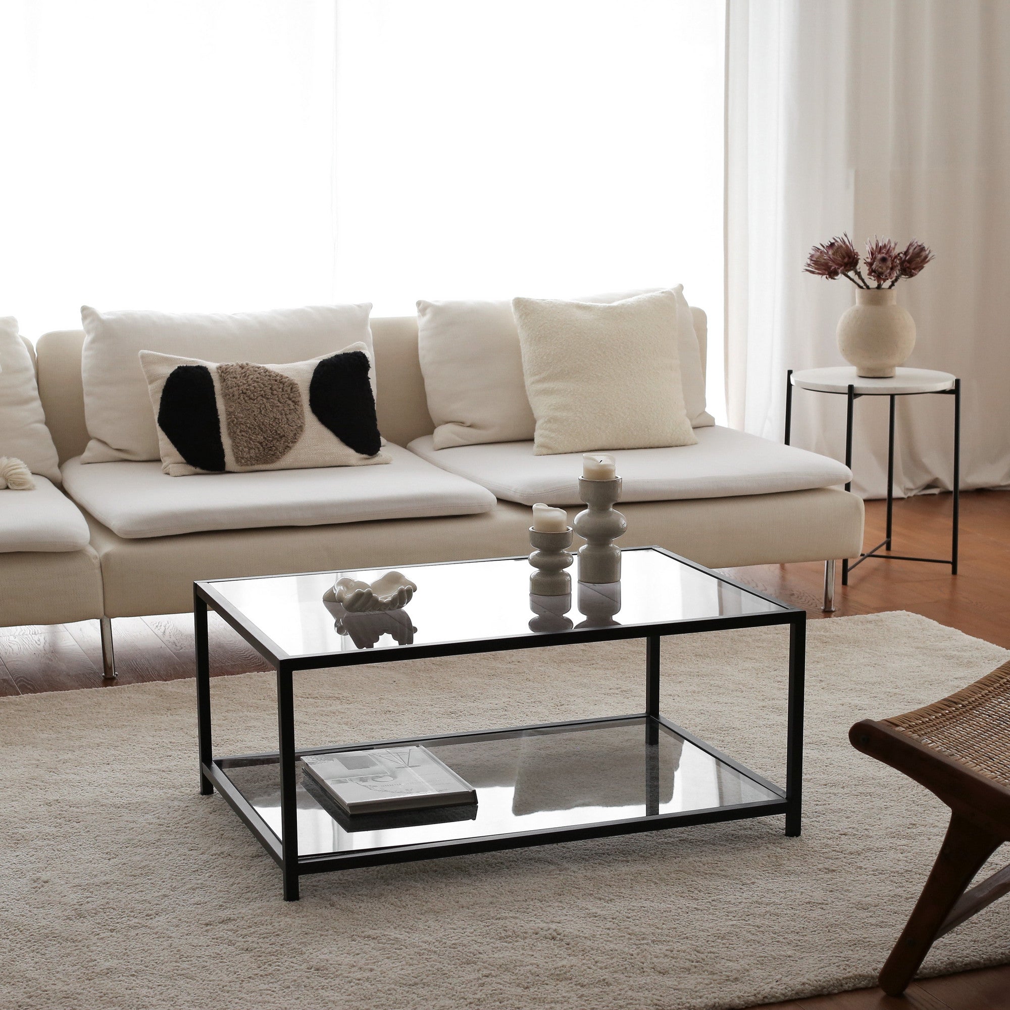 Mesa de Centro Moderna, Fumê e Preto, 90 x 60 x 40 cm | Vidro 100% Temperado (4 mm) e Estrutura de Metal | Design Industrial Elegante para Casa e Escritório