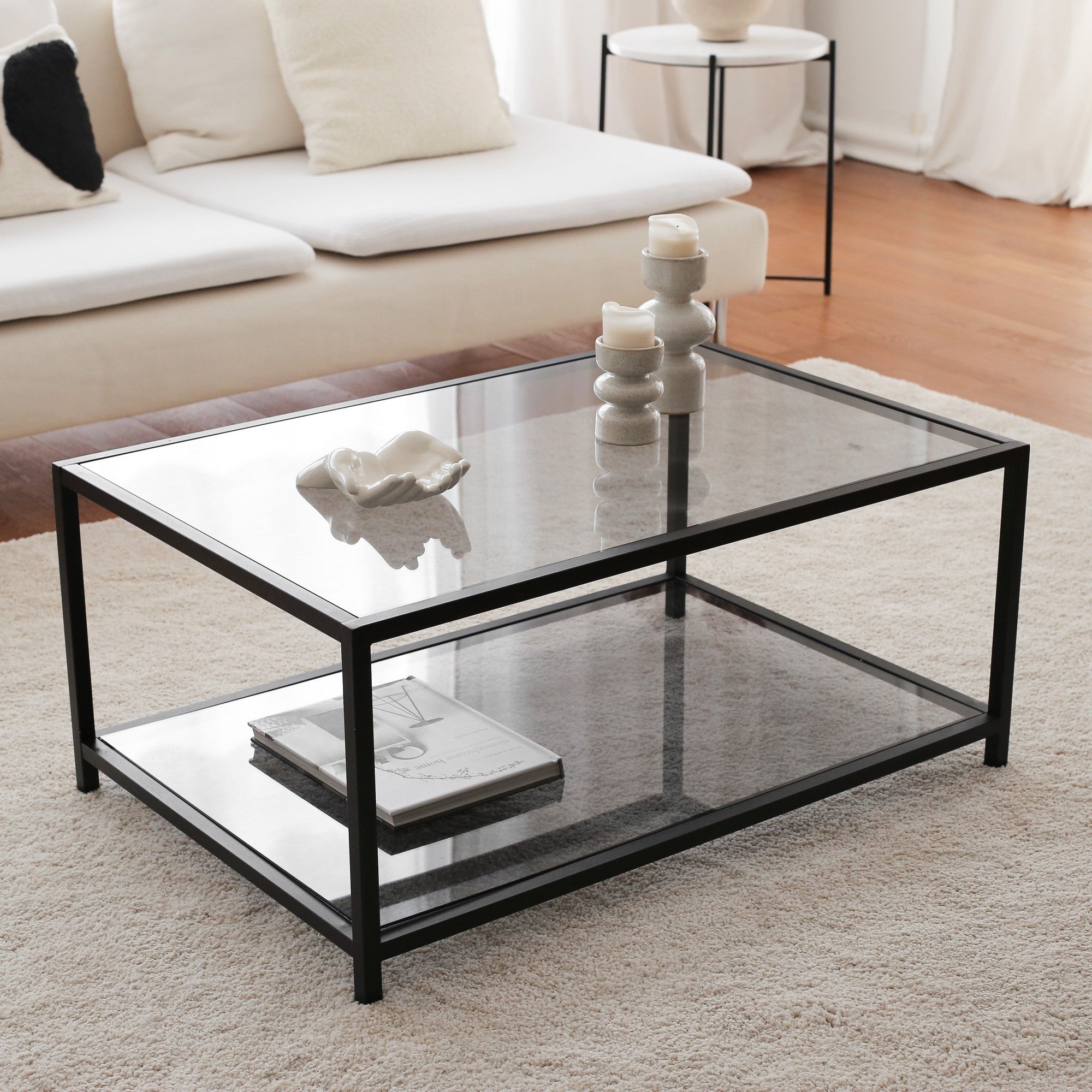 Mesa de Centro Moderna, Fumê e Preto, 90 x 60 x 40 cm | Vidro 100% Temperado (4 mm) e Estrutura de Metal | Design Industrial Elegante para Casa e Escritório