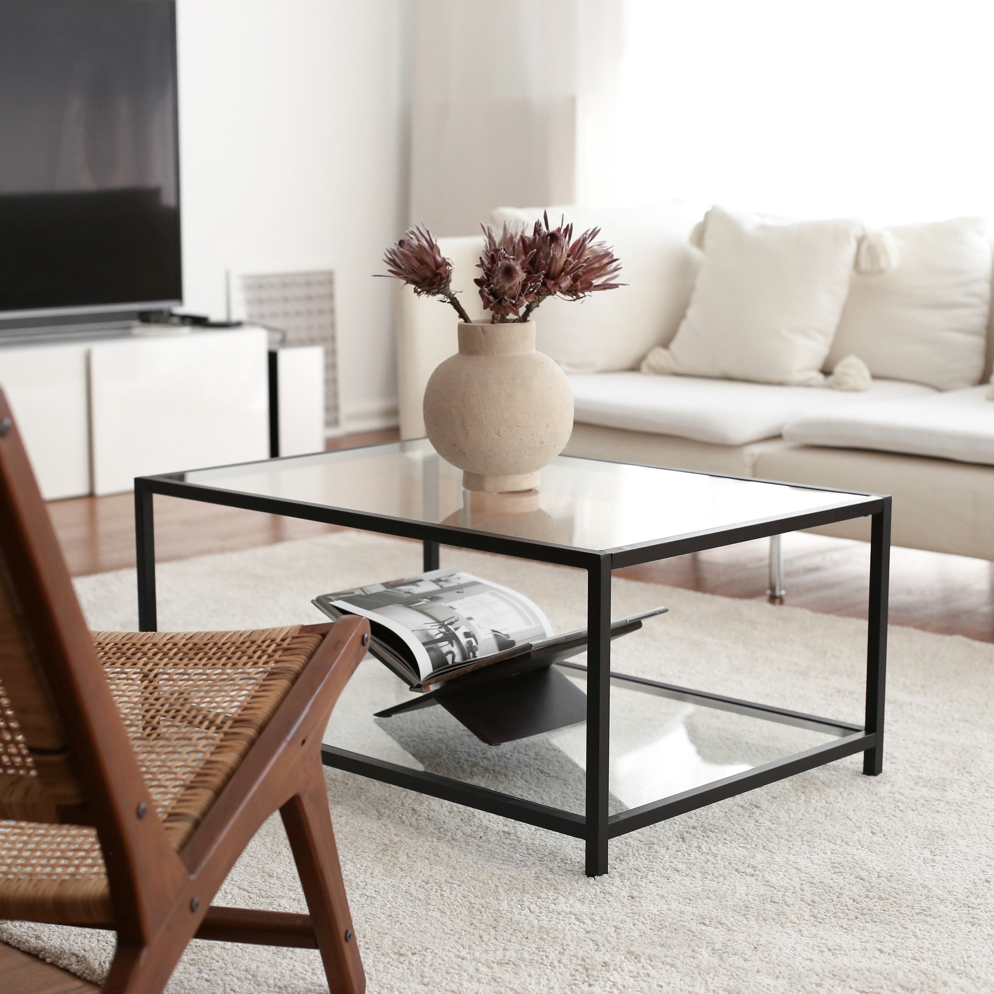 Mesa de Centro Moderna, Fumê e Preto, 90 x 60 x 40 cm | 100% Vidro Temperado (4 mm) e Estrutura 100% Metal | Design Industrial Elegante para Casa e Escritório