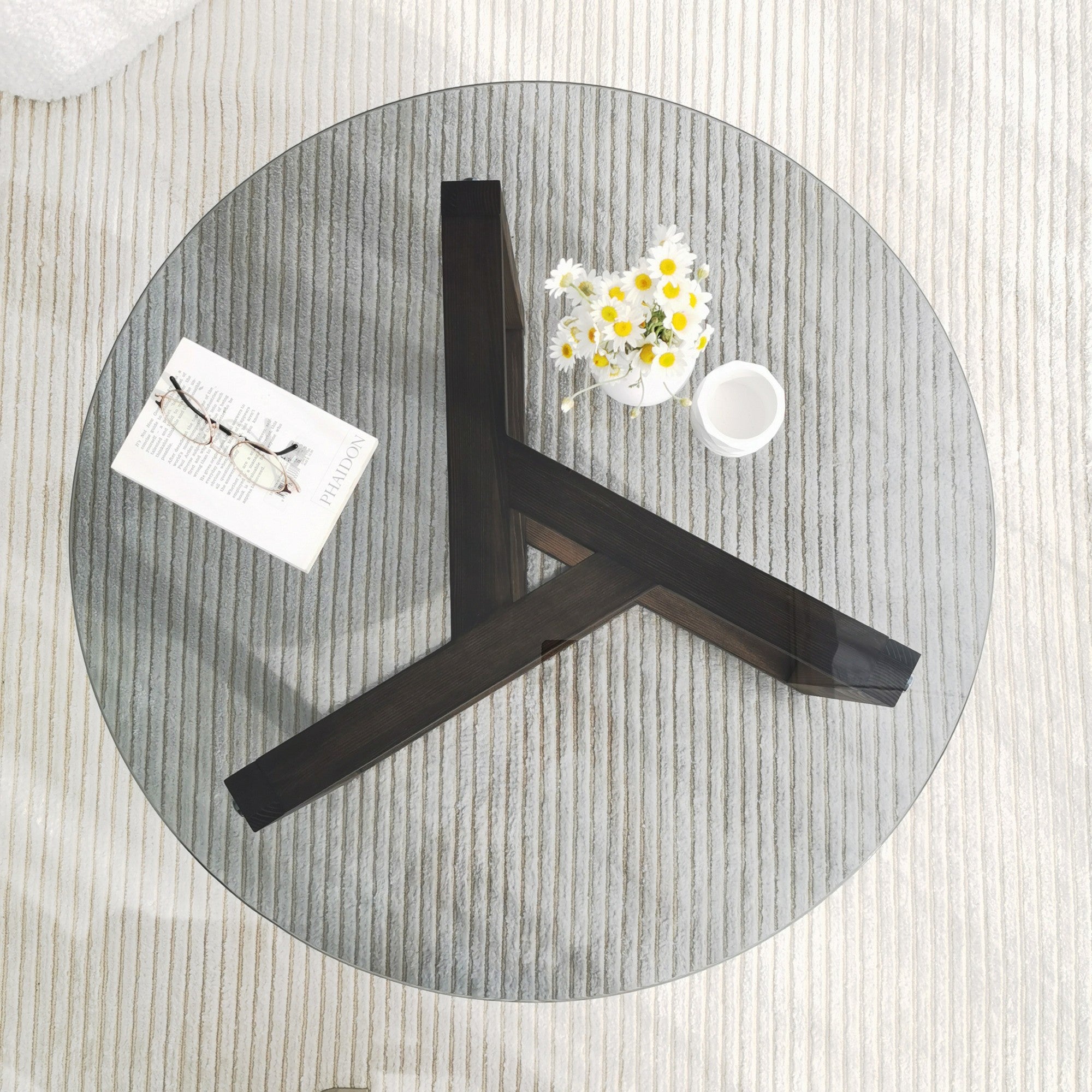 Mesa de Centro Moderna, Cor Fume, 75 x 40 x 75 cm | Tampo 100% Vidro Temperado, Estrutura 100% Madeira Maciça de Pinho | Design Rústico e Tradicional Montado