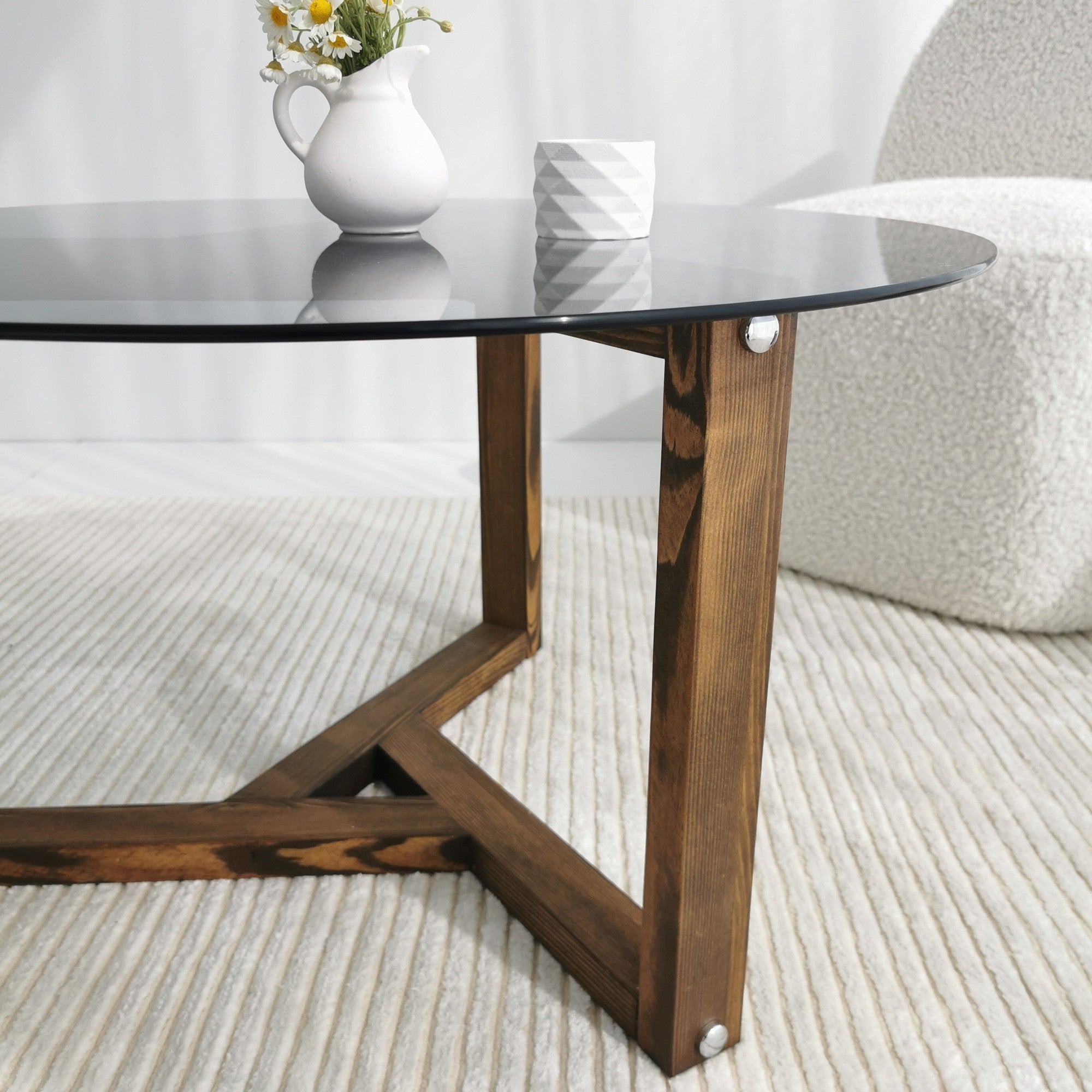 Mesa de Centro Moderna, Cor Fume, 75 x 40 x 75 cm | Tampo 100% Vidro Temperado, Estrutura 100% Madeira Maciça de Pinho | Design Rústico e Tradicional Montado