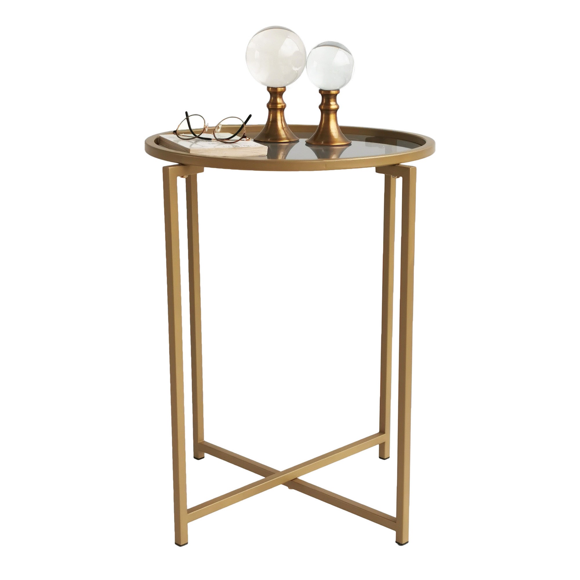 Mesa de Centro Moderna, Dourado e Fumê, 50 x 60 x 50 cm | 100% Vidro Temperado, 4 mm | Estrutura de Metal Resistente com Revestimento Eletrostático a Pó | Design Glamouroso