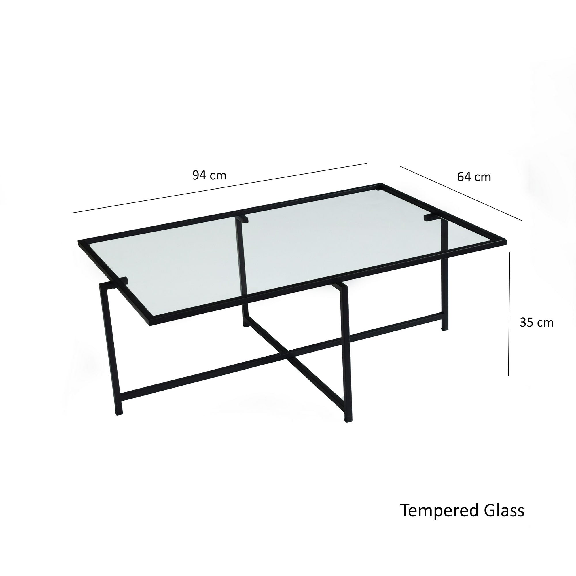 Mesa de Centro Moderna com Tampo 100% em Vidro Temperado e Pernas em Metal Preto, 94 x 35 x 64 cm | Resistente a Manchas, Design Industrial para Espaços de Convivência Elegantes