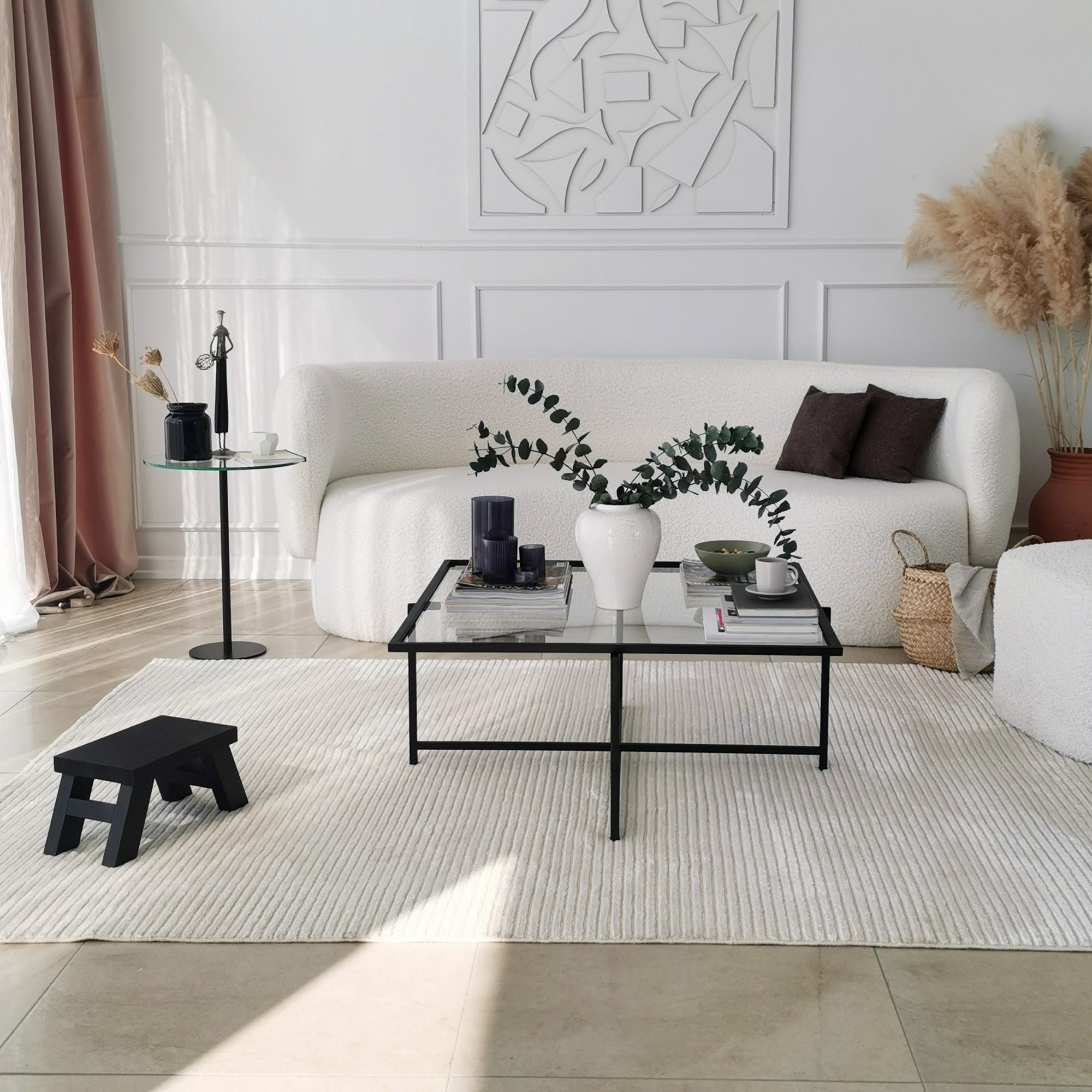 Mesa de Centro Moderna com Tampo 100% em Vidro Temperado, Pés em Metal Preto, 85 x 35 x 85 cm | Design Industrial, Resistente a Manchas, Elegante e Durável