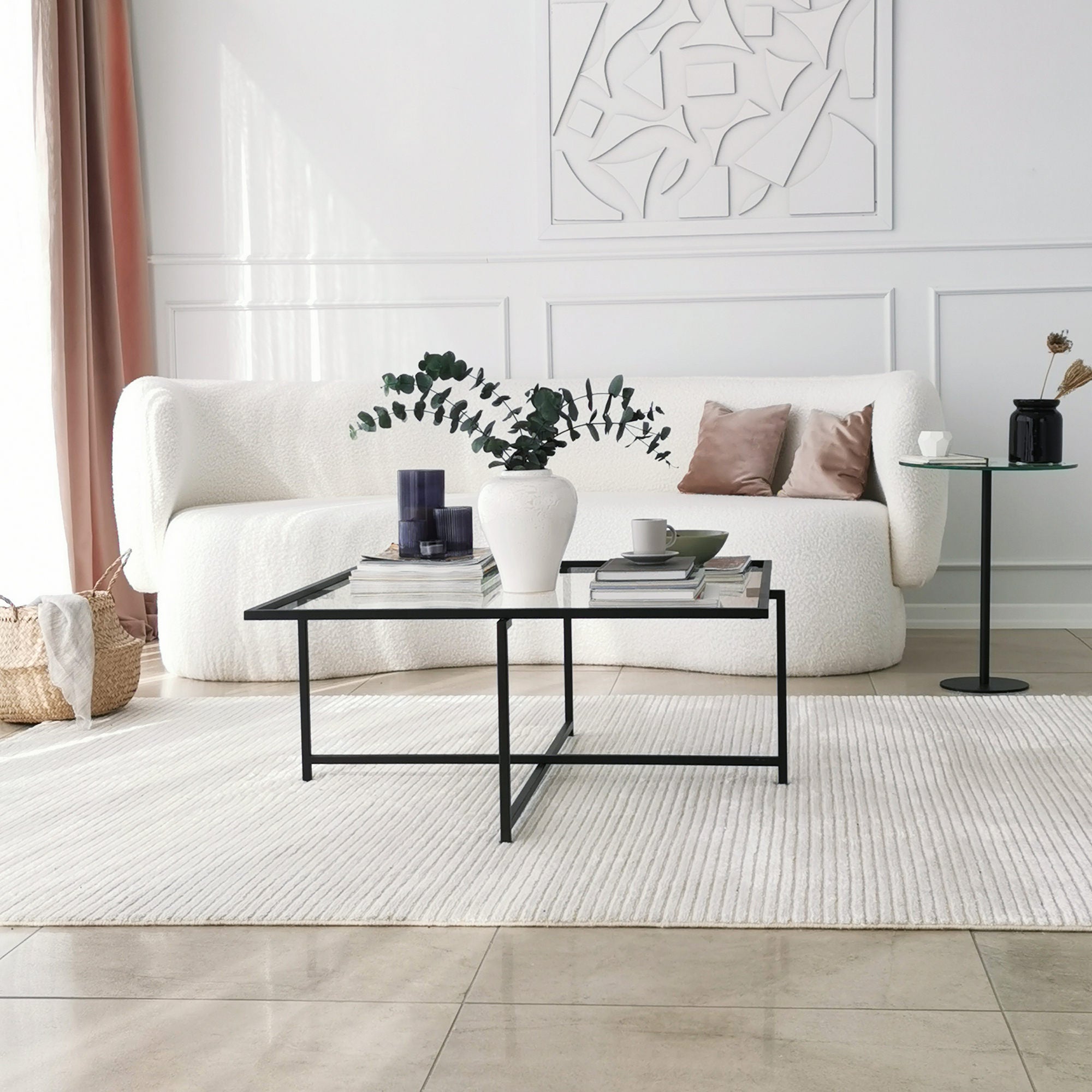 Mesa de Centro Moderna com Tampo 100% em Vidro Temperado, Pés em Metal Preto, 85 x 35 x 85 cm | Design Industrial, Resistente a Manchas, Elegante e Durável