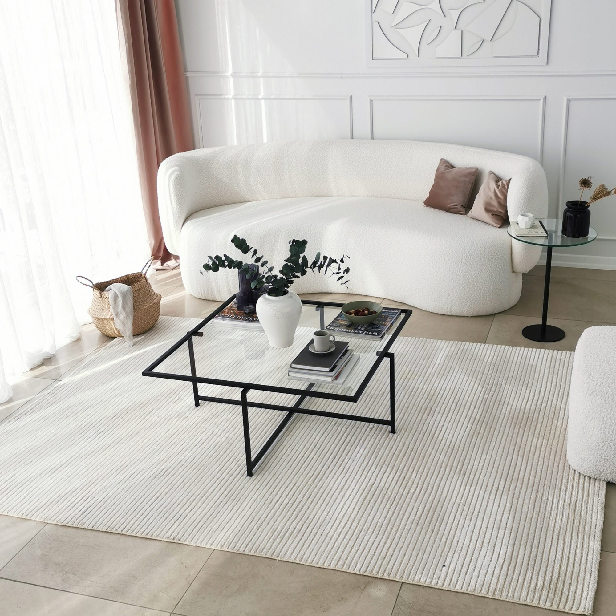 Mesa de Centro Moderna com Tampo 100% em Vidro Temperado, Pés em Metal Preto, 85 x 35 x 85 cm | Design Industrial, Resistente a Manchas, Elegante e Durável