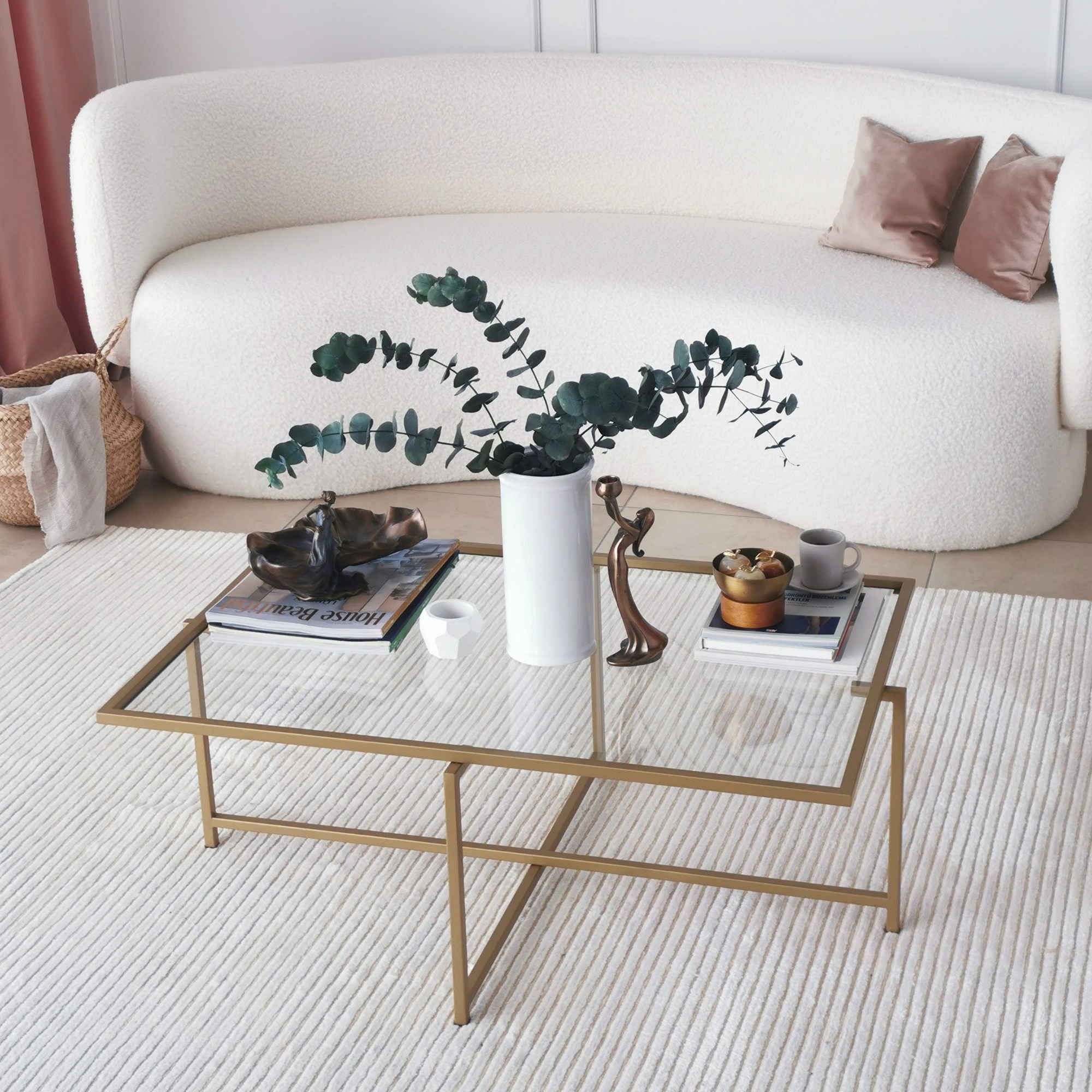 Mesa de Centro Moderna com Tampo 100% em Vidro Temperado e Pernas em Metal Dourado, 94 x 35 x 64 cm | Design Elegante e Resistente a Manchas para Espaços Glamourosos