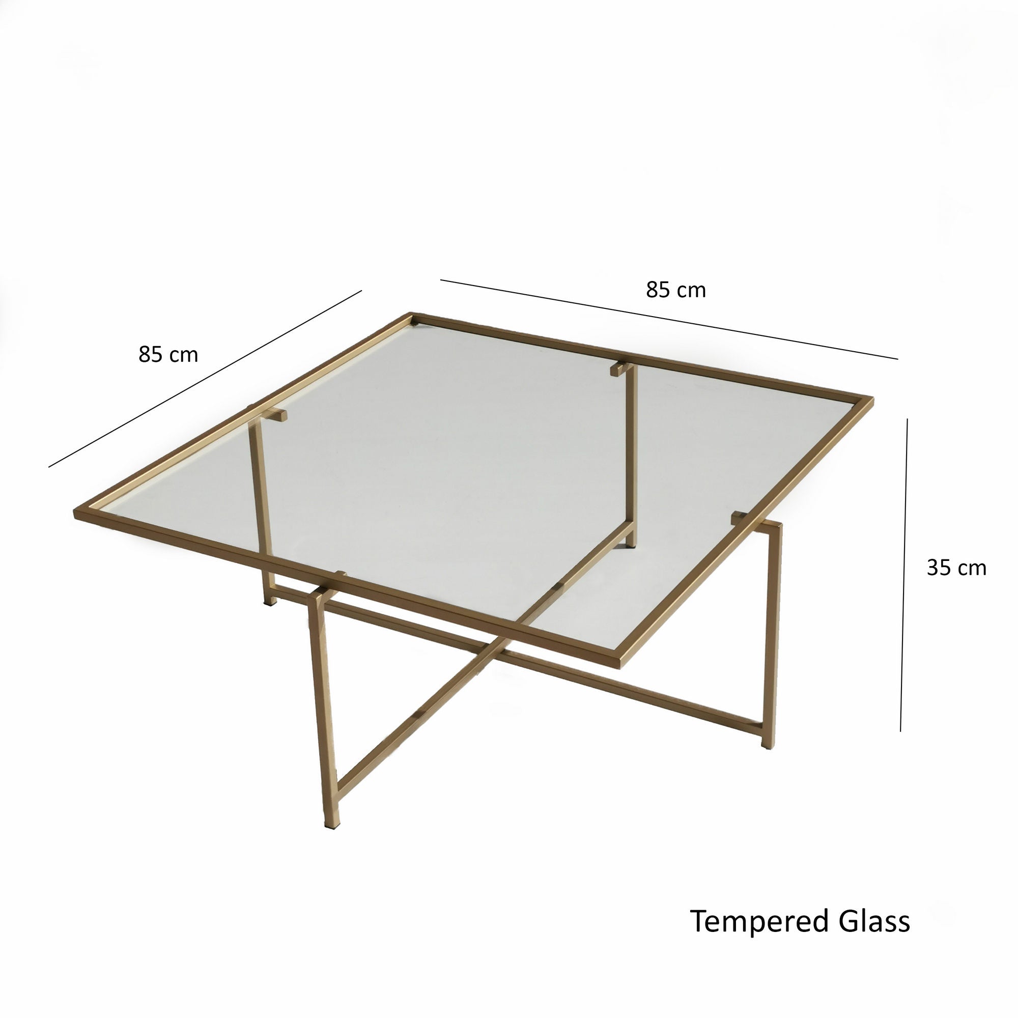 Mesa de Centro Moderna Glamour, Acabamento Dourado, 85 x 35 x 85 cm | Tampo 100% Vidro Temperado, Pés de Metal, Antimanchas | Elegante e Funcional para Espaços de Convivência