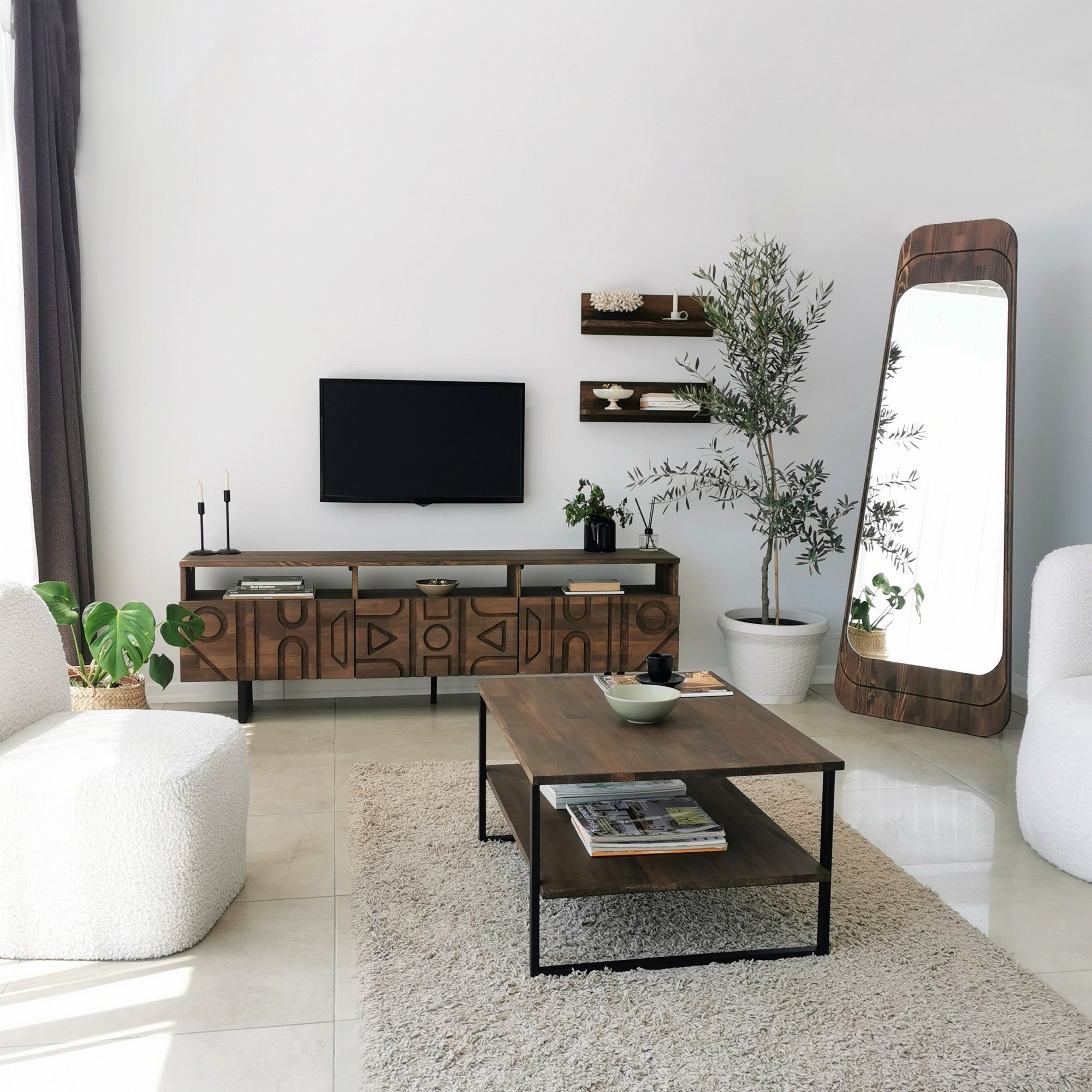 Mesa de Centro Moderna, Cor Nogueira, 85 x 60 x 40 cm | 100% Madeira Maciça de Pinho, Pés de Metal Antiferrugem, Antibacteriano | Design Industrial Elegante, Montagem Requerida