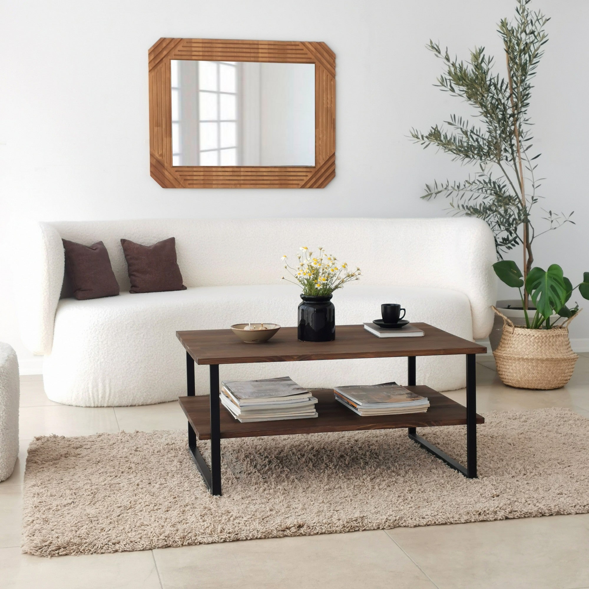 Mesa de Centro Moderna, Cor Nogueira, 85 x 60 x 40 cm | 100% Madeira Maciça de Pinho, Pés de Metal Antiferrugem, Antibacteriano | Design Industrial Elegante, Montagem Requerida