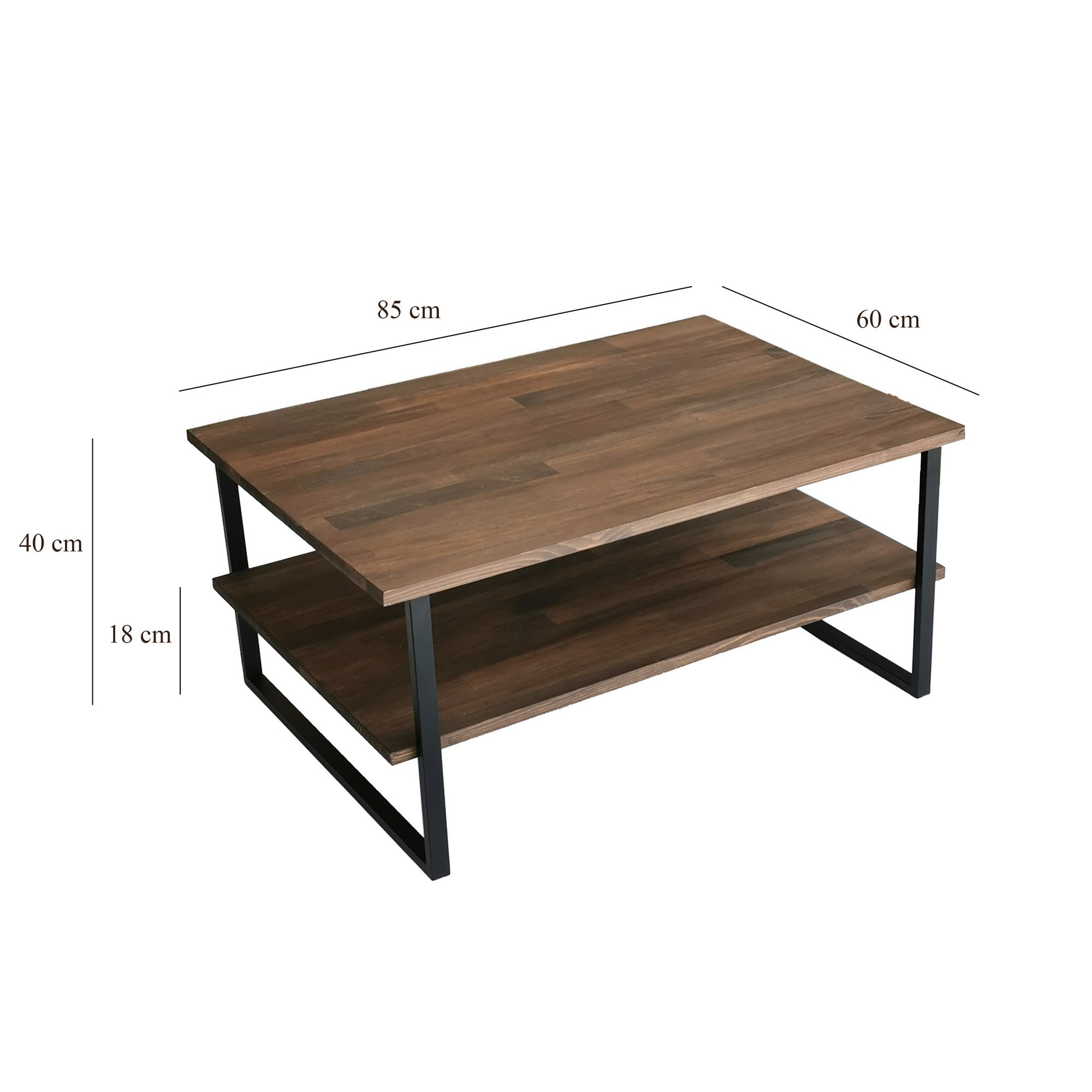 Mesa de Centro Moderna, Cor Nogueira, 85 x 60 x 40 cm | 100% Madeira Maciça de Pinho, Pés de Metal Antiferrugem, Antibacteriano | Design Industrial Elegante, Montagem Requerida