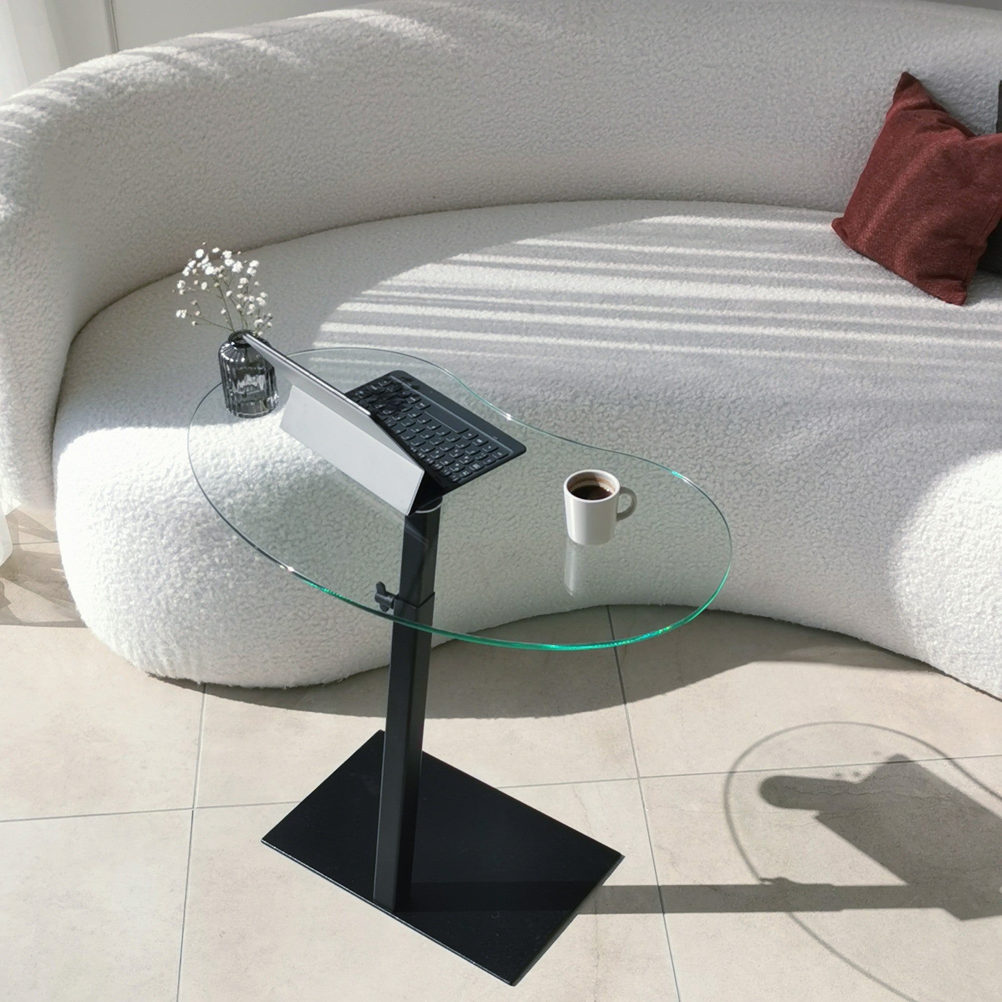 Mesa de Centro Moderna com Tampo 100% em Vidro Temperado, Estrutura em Metal Preto, Pernas Antibacterianas e Antiferrugem, Altura Ajustável, 70x75x40 cm | Design Industrial Elegante