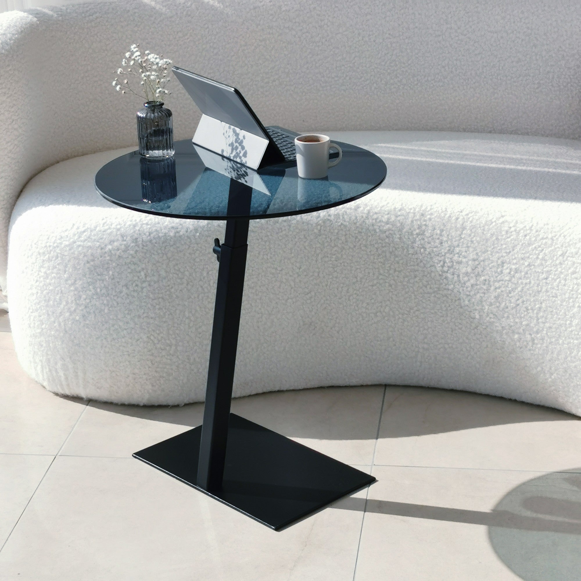 Mesa de Centro Moderna com Tampo 100% em Vidro Temperado, Estrutura em Metal Preto, Pernas Antibacterianas e Antiferrugem, Altura Ajustável, 40x75x40 cm | Design Industrial Elegante, Montagem Requerida