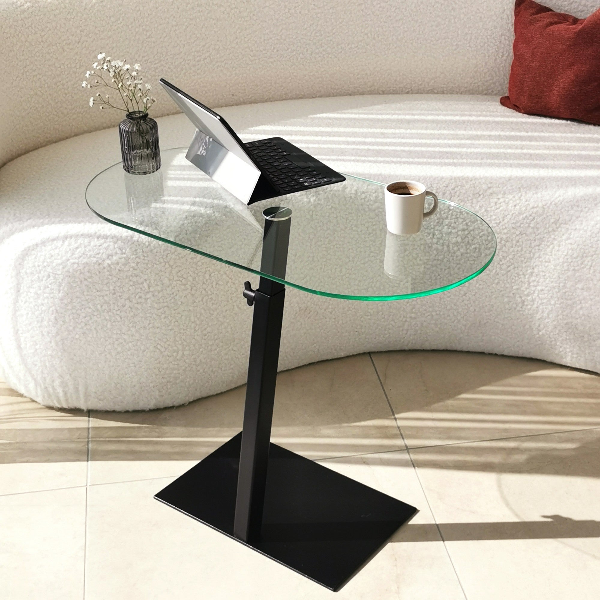 Mesa de centro moderna com tampo de vidro 100% temperado, estrutura de metal preto, pernas antibacterianas e antiferrugem, altura ajustável | 70 x 75 x 35 cm | Design industrial elegante