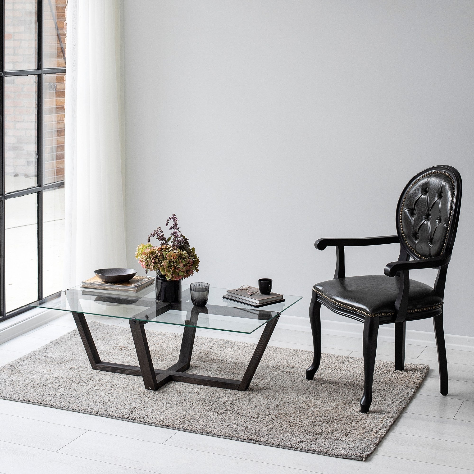 Mesa de Centro Elegante, 105 cm x 35 cm x 65 cm, Antracite | Tampo 100% Vidro Temperado e Estrutura em Madeira de Pinho Maciça | Design Moderno para Sala de Estar