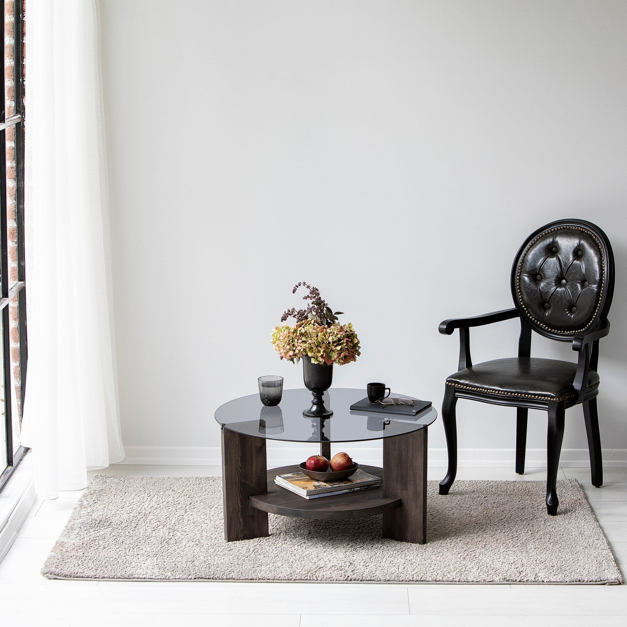 Mesa de Centro Elegante, 75 cm x 40 cm x 75 cm | 100% Vidro Temperado e Estrutura em Madeira Maciça de Pinho | Antracite e Marrom Escuro | Perfeita para Espaços Modernos