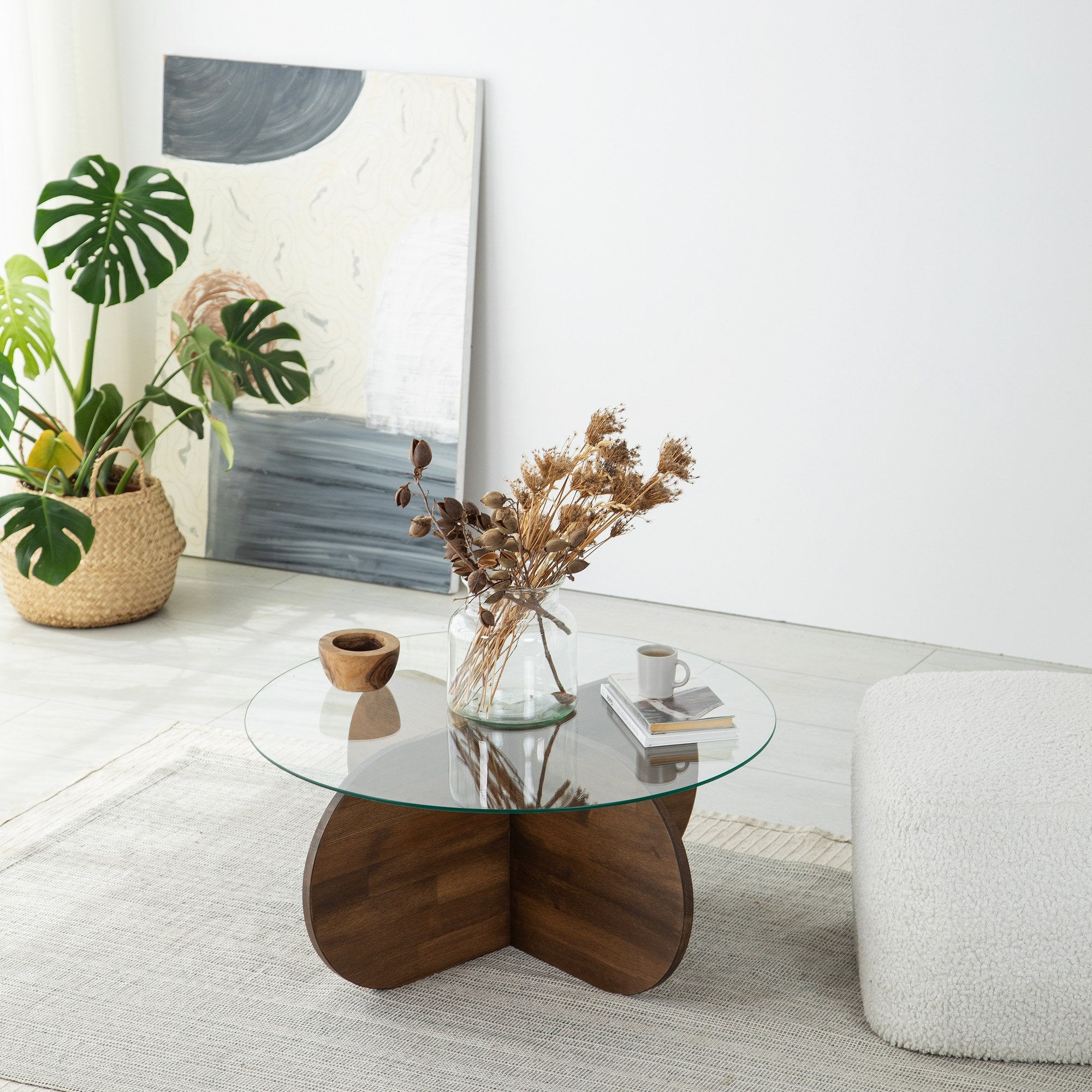 Mesa de Centro Elegante, Cor Nogueira, 75 x 35 x 75 cm | Tampo 100% Vidro Temperado e Estrutura em Madeira Maciça de Pinho | Perfeita para Salas de Estar Modernas