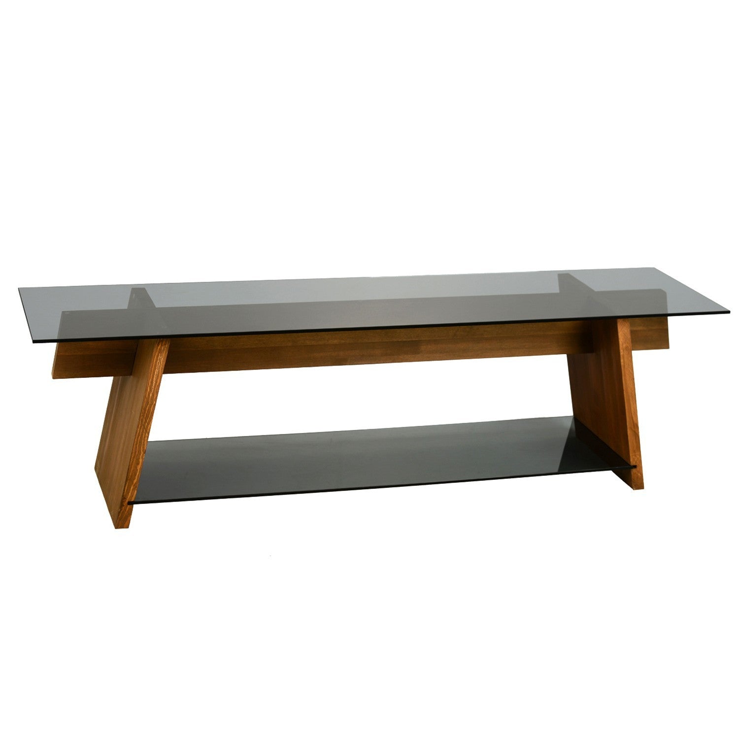 Móvel de TV moderno com vidro temperado 100% e estrutura de pinho maciço, 158 cm | Nogueira e preto | Montável na parede, várias prateleiras, design elegante e funcional