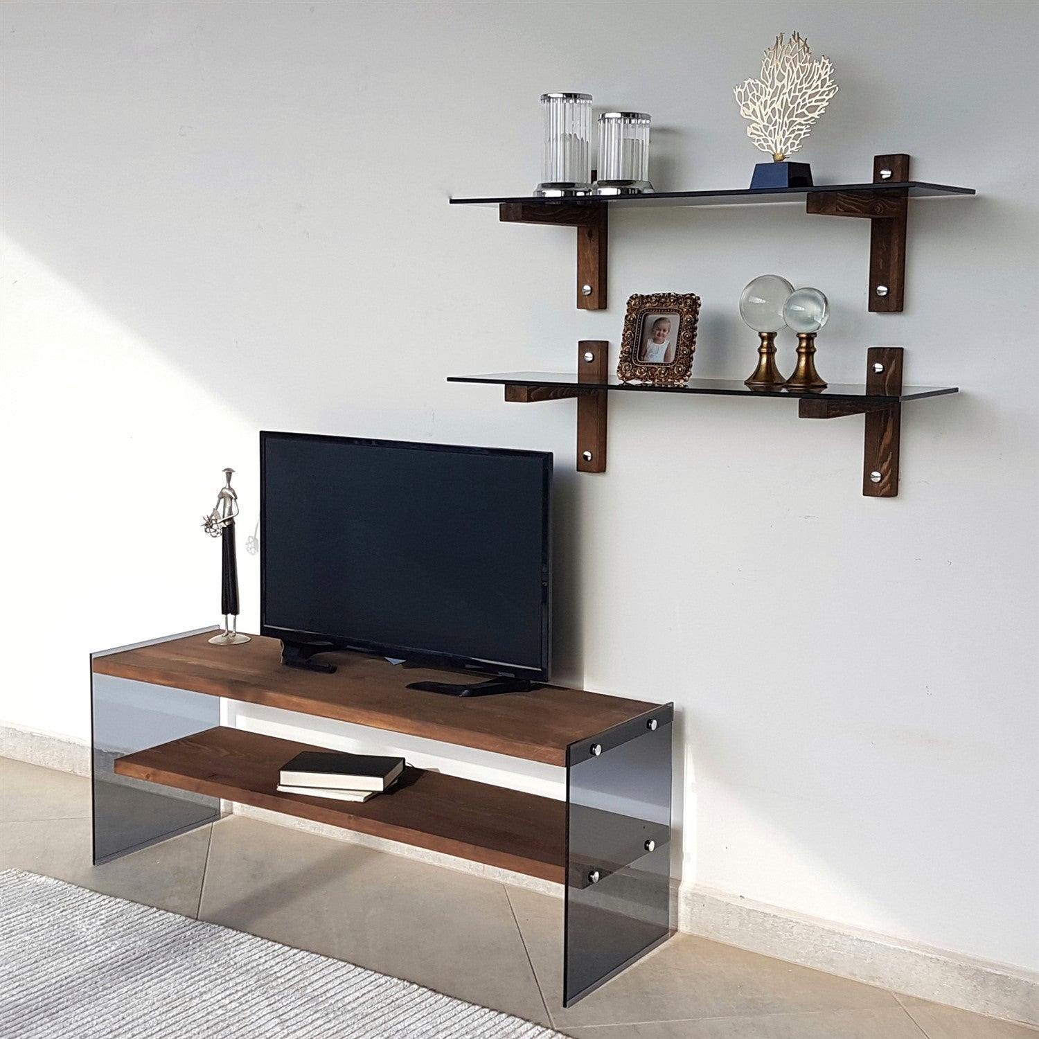 Móvel de TV moderno com prateleiras de parede (3 peças), cor nogueira, 120 x 45 x 35 cm | 100% madeira maciça de pinho e vidro temperado | Design elegante e funcional para sala de estar