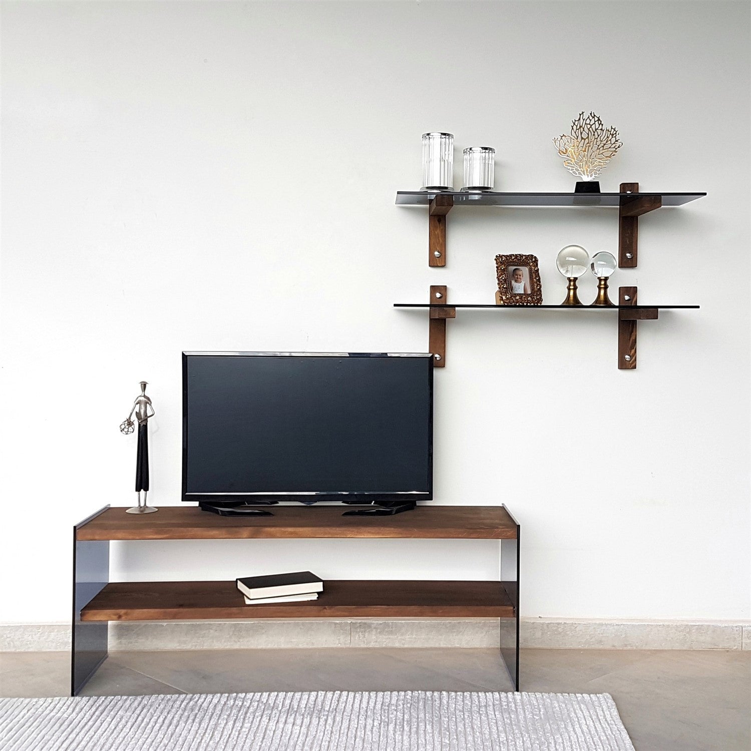 Móvel de TV moderno com prateleiras de parede (3 peças), cor nogueira, 120 x 45 x 35 cm | 100% madeira maciça de pinho e vidro temperado | Design elegante e funcional para sala de estar
