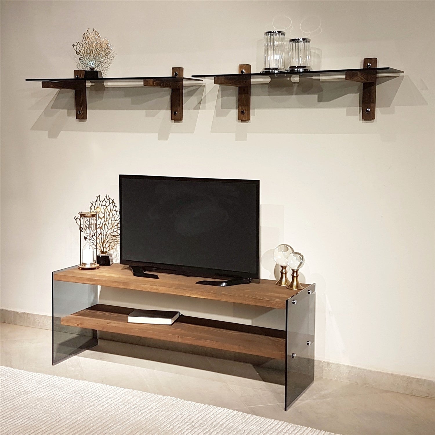 Móvel de TV moderno com prateleiras de parede (3 peças), cor nogueira, 120 x 45 x 35 cm | 100% madeira maciça de pinho e vidro temperado | Design elegante e funcional para sala de estar