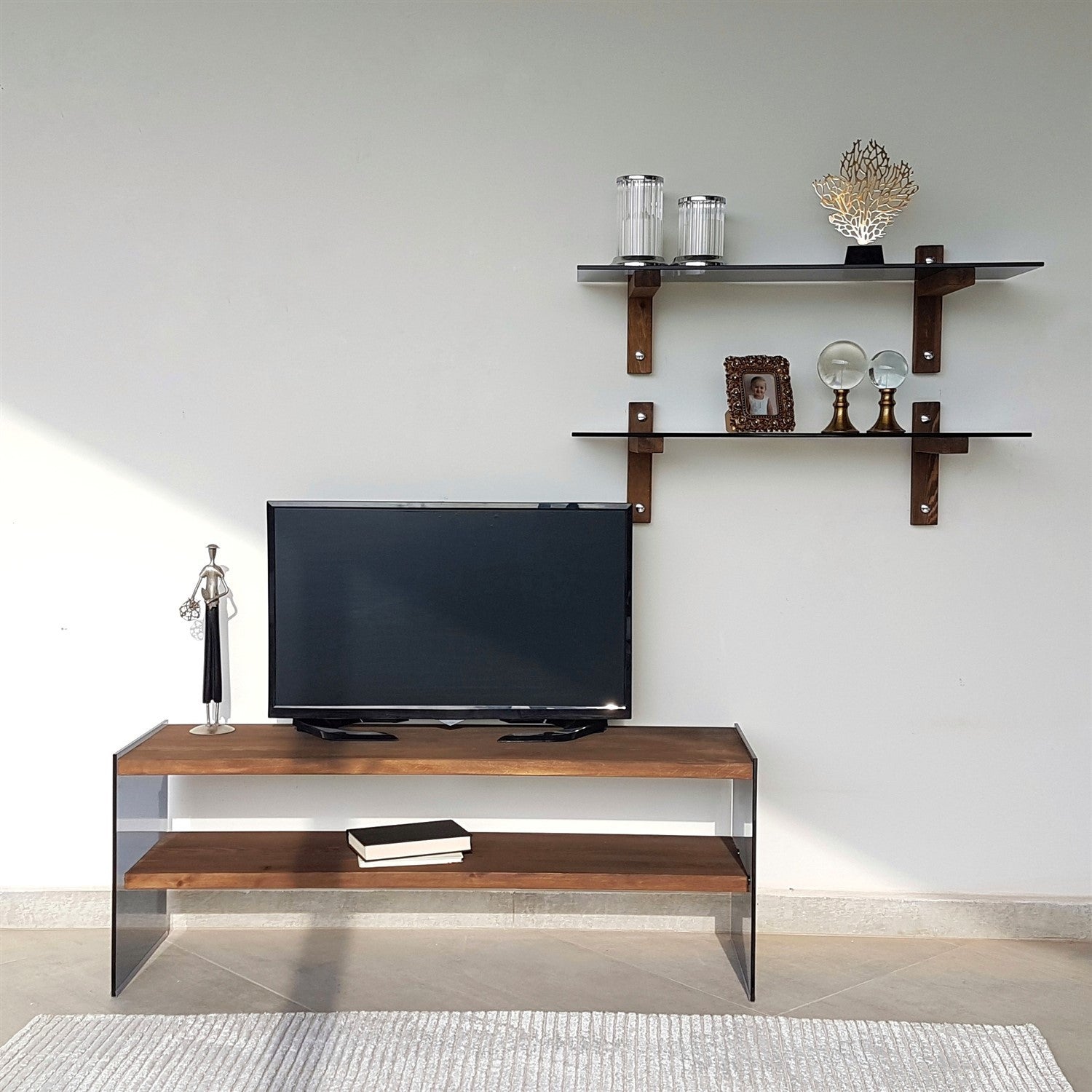 Móvel de TV moderno com prateleiras de parede (3 peças), cor nogueira, 120 x 45 x 35 cm | 100% madeira maciça de pinho e vidro temperado | Design elegante e funcional para sala de estar