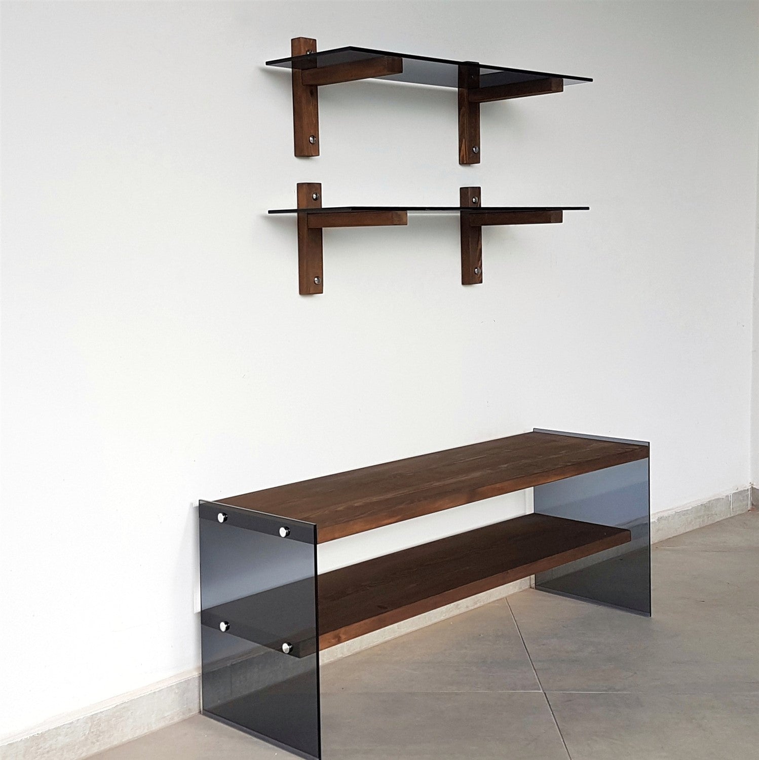 Móvel de TV moderno com prateleiras de parede (3 peças), cor nogueira, 120 x 45 x 35 cm | 100% madeira maciça de pinho e vidro temperado | Design elegante e funcional para sala de estar