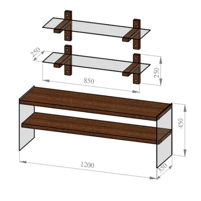 Móvel de TV moderno com prateleiras de parede (3 peças), cor nogueira, 120 x 45 x 35 cm | 100% madeira maciça de pinho e vidro temperado | Design elegante e funcional para sala de estar