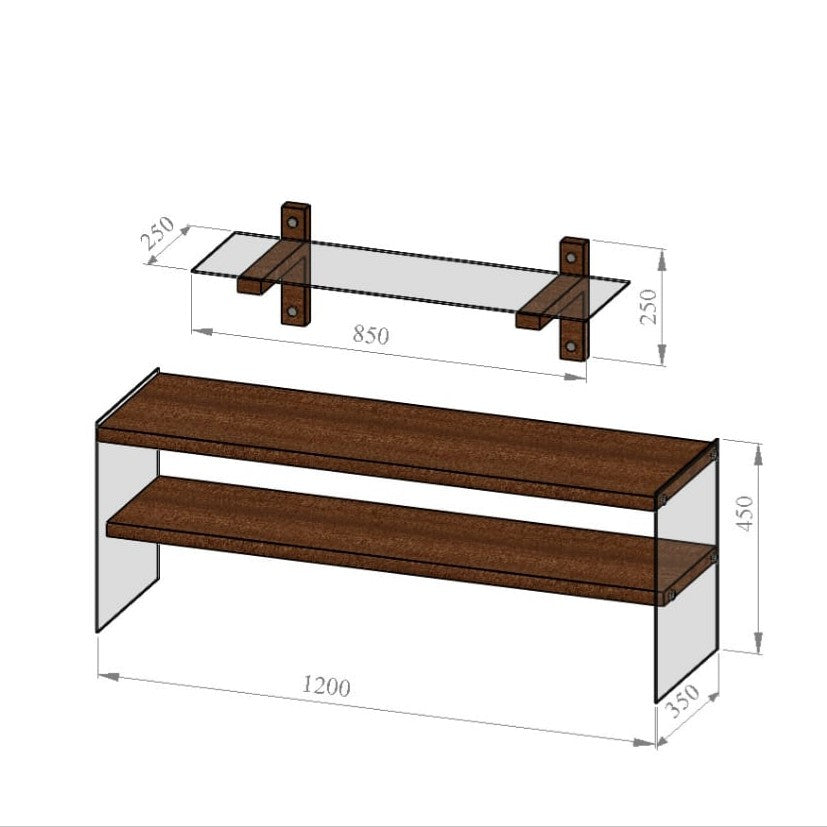 Móvel de TV moderno com prateleira de parede, 100% madeira maciça de pinho e vidro temperado, acabamento em nogueira, 120x45x35 cm | Design elegante e funcional para sala de estar