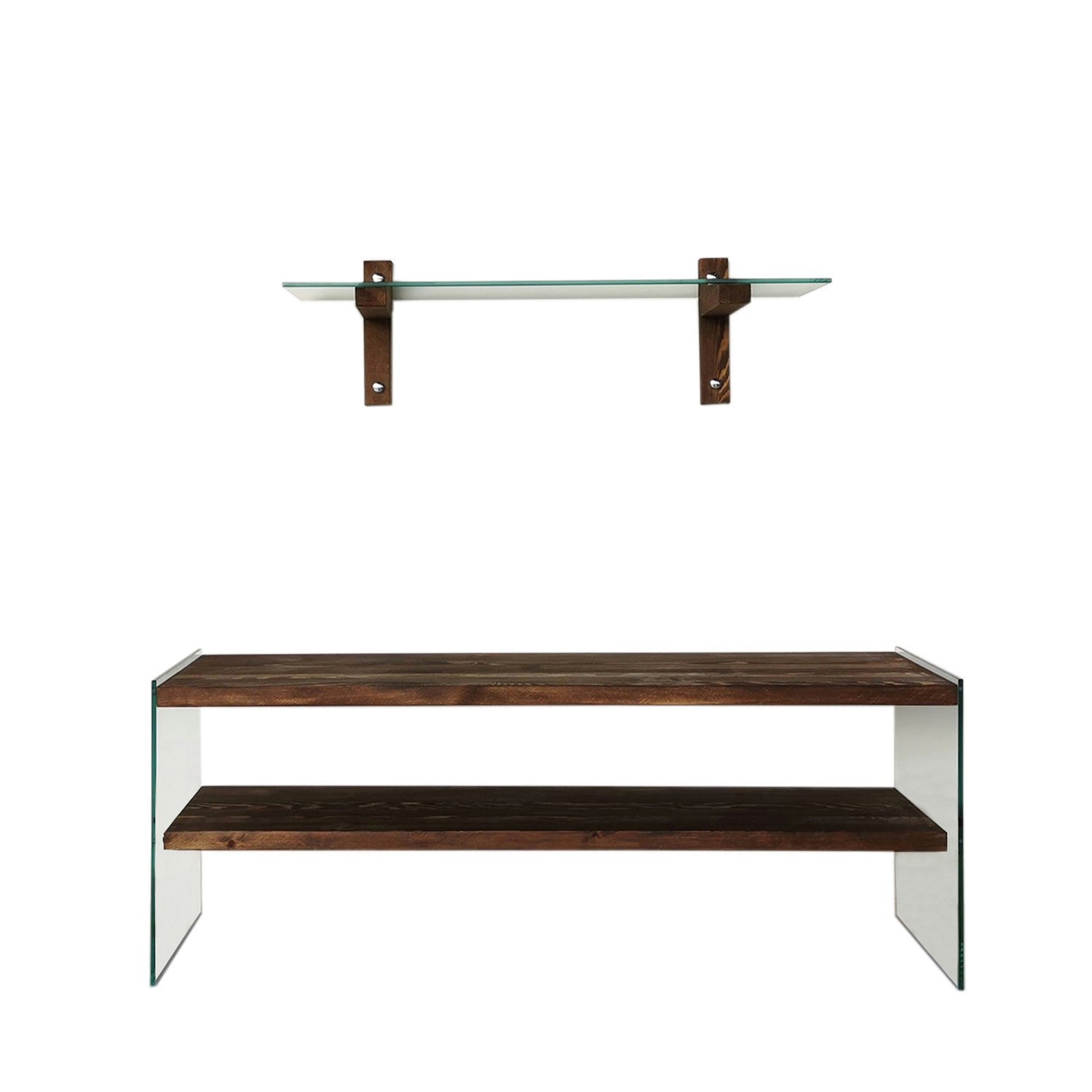 Móvel de TV moderno com prateleira de parede, 100% madeira maciça de pinho e vidro temperado, acabamento em nogueira, 120x45x35 cm | Design elegante e funcional para sala de estar
