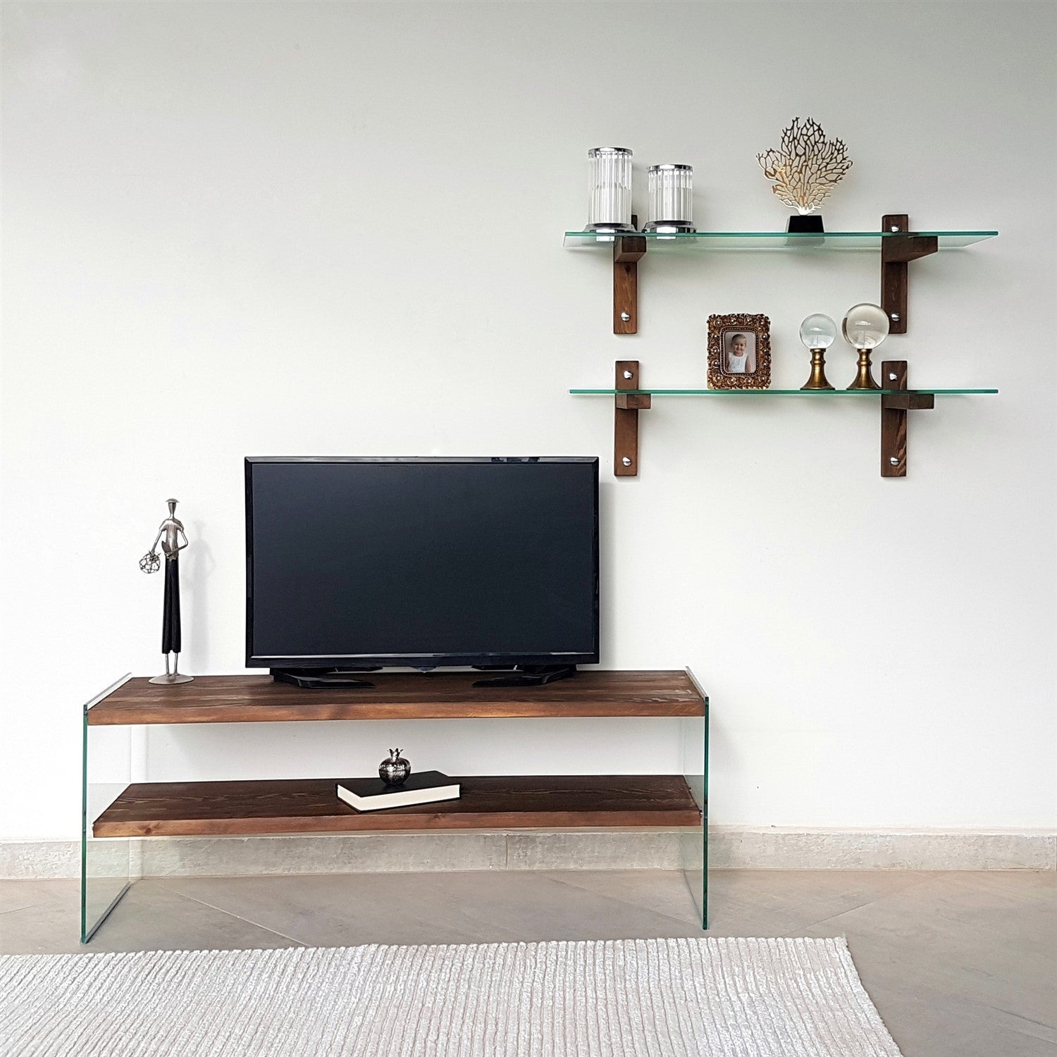 Móvel de TV moderno com prateleiras de parede (3 peças), cor nogueira, 120 x 45 x 35 cm | 100% madeira maciça de pinho e vidro temperado | Design elegante e funcional