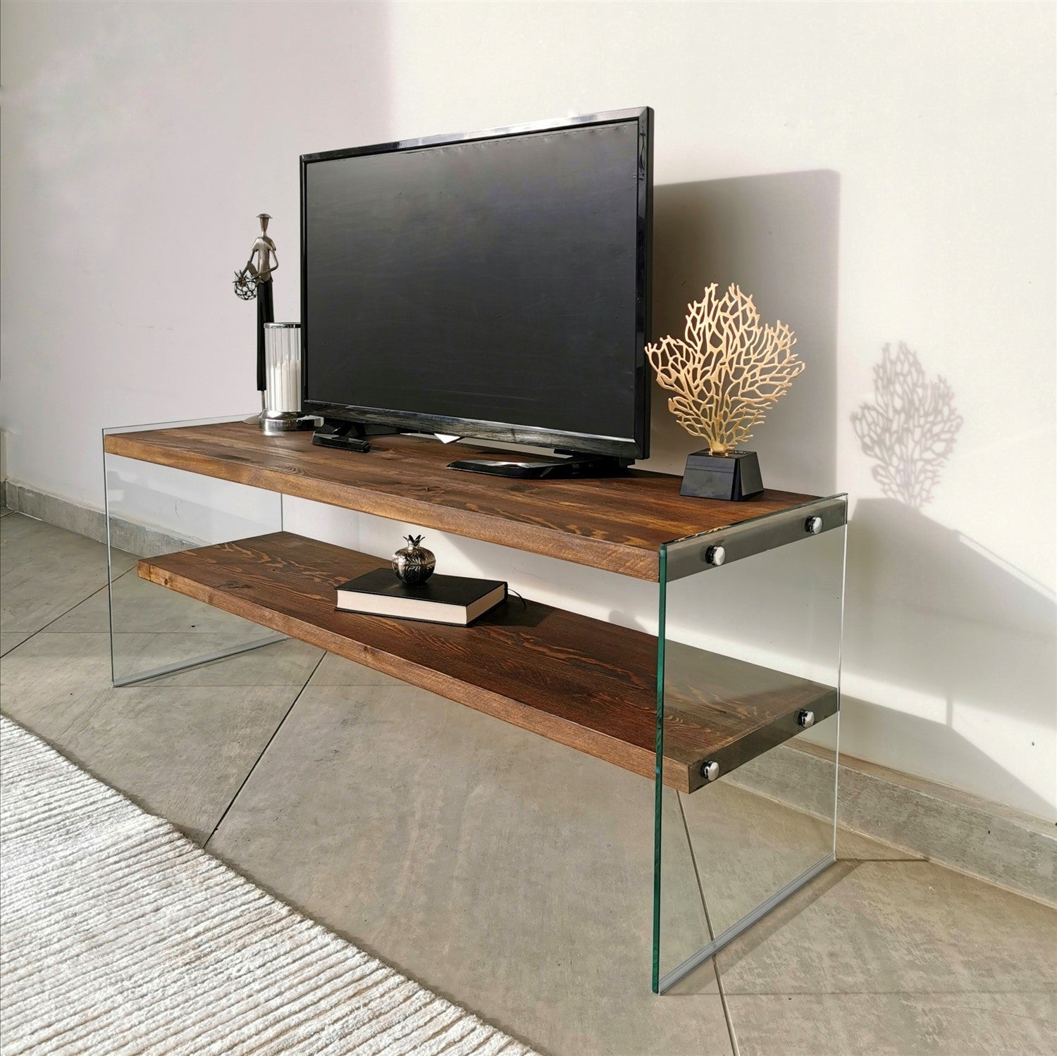 Móvel de TV moderno com prateleiras de parede (3 peças), cor nogueira, 120 x 45 x 35 cm | 100% madeira maciça de pinho e vidro temperado | Design elegante e funcional