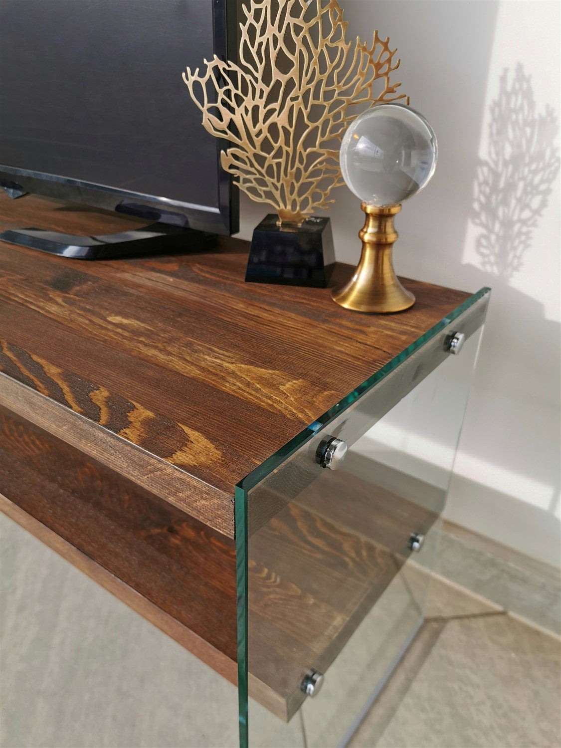 Móvel de TV moderno com prateleiras de parede (3 peças), cor nogueira, 120 x 45 x 35 cm | 100% madeira maciça de pinho e vidro temperado | Design elegante e funcional