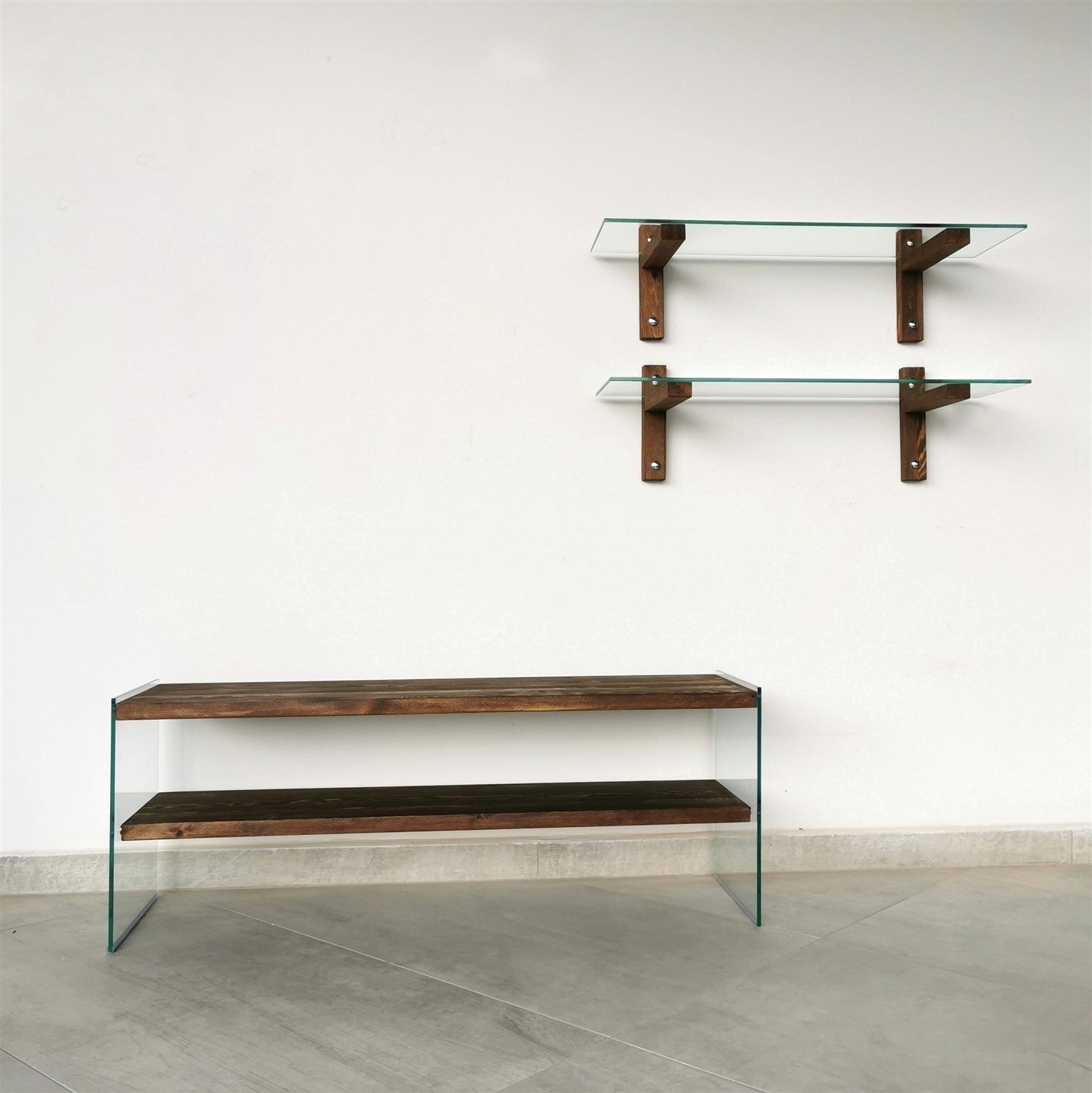 Móvel de TV moderno com prateleiras de parede (3 peças), cor nogueira, 120 x 45 x 35 cm | 100% madeira maciça de pinho e vidro temperado | Design elegante e funcional