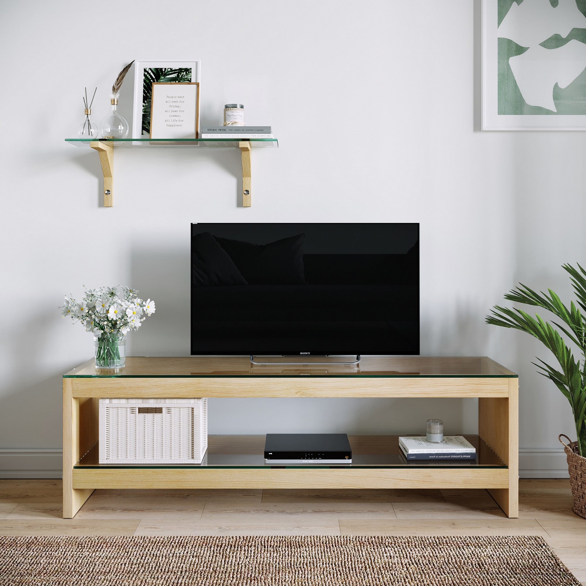 Móvel de TV moderno em carvalho com prateleira de parede, 100% madeira maciça de pinho e vidro temperado, 140x45x40 cm | Design escandinavo elegante, peso máximo de 20 kg