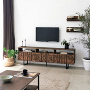 Móvel de TV rústico em nogueira com estrutura de metal, 100% madeira maciça de pinho, pés antibacterianos e antiferrugem | 170 x 40 x 30 cm | Elegante e funcional para espaços modernos