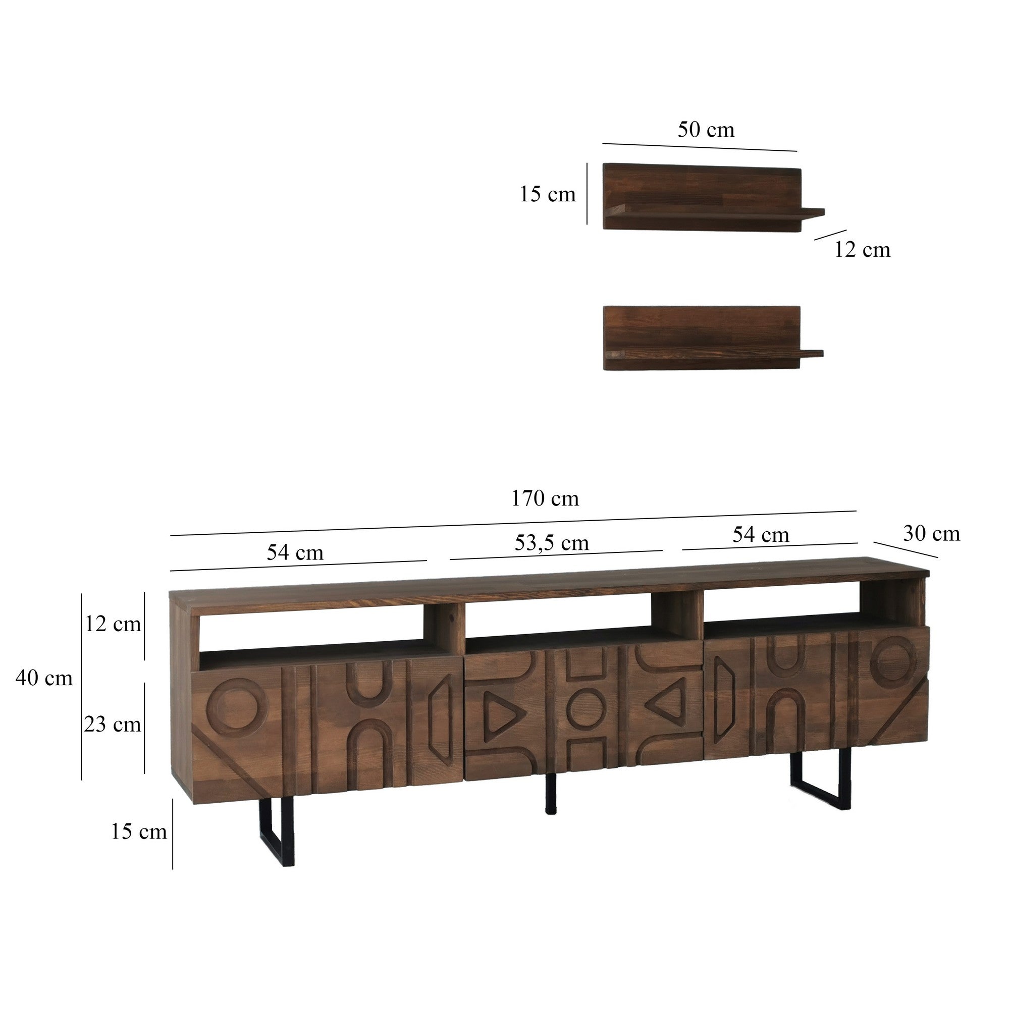 Móvel de TV rústico em nogueira com estrutura de metal, 100% madeira maciça de pinho, pés antibacterianos e antiferrugem | 170 x 40 x 30 cm | Elegante e funcional para espaços modernos