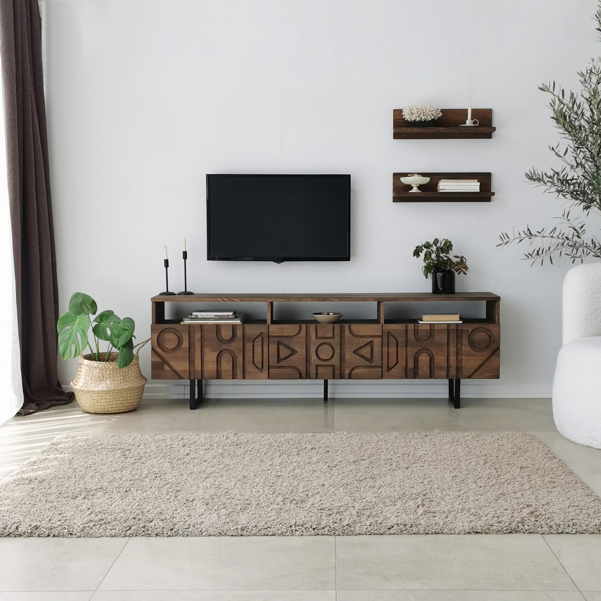 Móvel de TV rústico em nogueira com estrutura de metal, 100% madeira maciça de pinho, pés antibacterianos e antiferrugem | 170 x 40 x 30 cm | Elegante e funcional para espaços modernos