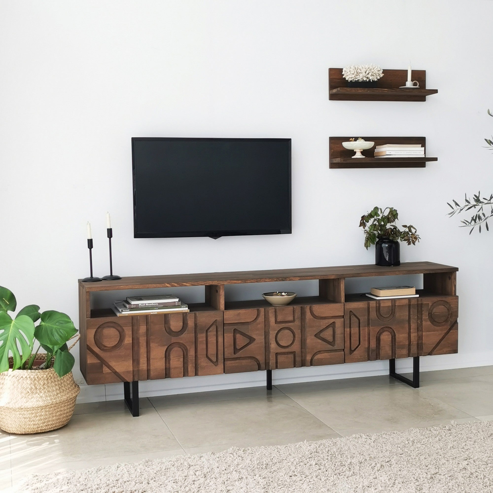 Móvel de TV rústico em nogueira com estrutura de metal, 100% madeira maciça de pinho, pés antibacterianos e antiferrugem | 170 x 40 x 30 cm | Elegante e funcional para espaços modernos
