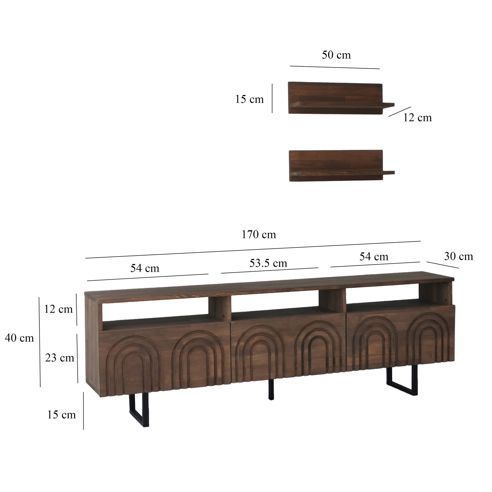 Móvel de TV rústico em nogueira com estrutura de metal, 100% madeira maciça de pinho, pés antibacterianos e antiferrugem | 170 x 40 x 30 cm | Perfeito para decoração tradicional e industrial