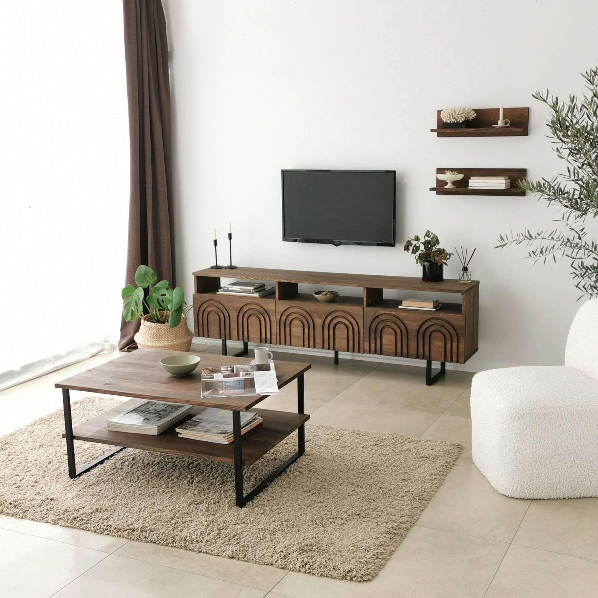 Móvel de TV rústico em nogueira com estrutura de metal, 100% madeira maciça de pinho, pés antibacterianos e antiferrugem | 170 x 40 x 30 cm | Perfeito para decoração tradicional e industrial