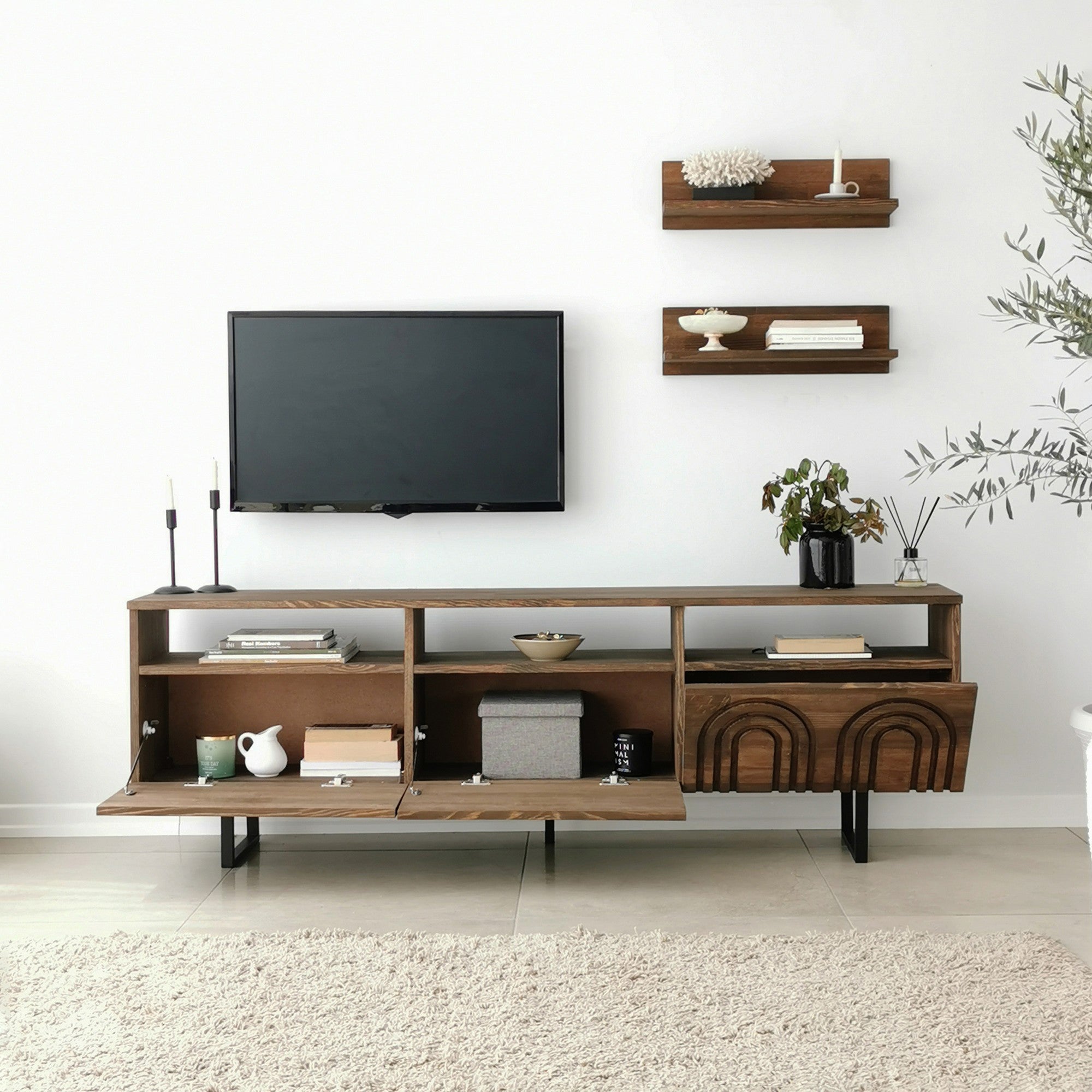 Móvel de TV rústico em nogueira com estrutura de metal, 100% madeira maciça de pinho, pés antibacterianos e antiferrugem | 170 x 40 x 30 cm | Perfeito para decoração tradicional e industrial