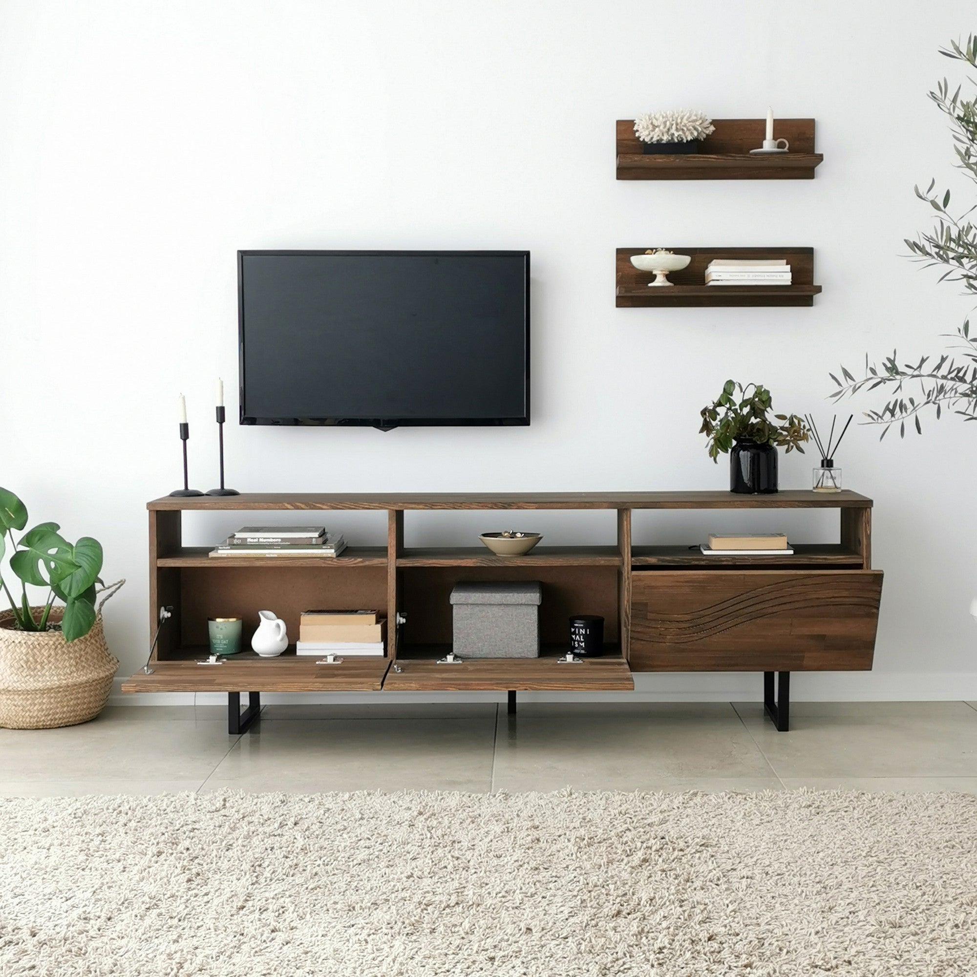 Móvel de TV rústico em nogueira com estrutura de metal, 100% madeira maciça de pinho, pés antibacterianos e antiferrugem | 170 x 40 x 30 cm | Perfeito para decoração tradicional e industrial