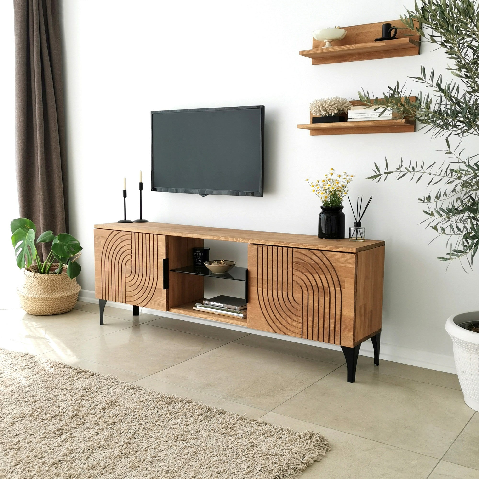 Móvel de TV rústico em carvalho com estrutura de metal, 100% madeira maciça de pinho, pés antibacterianos e antiferrugem | 150 x 30 x 40 cm | Elegante e funcional para espaços modernos