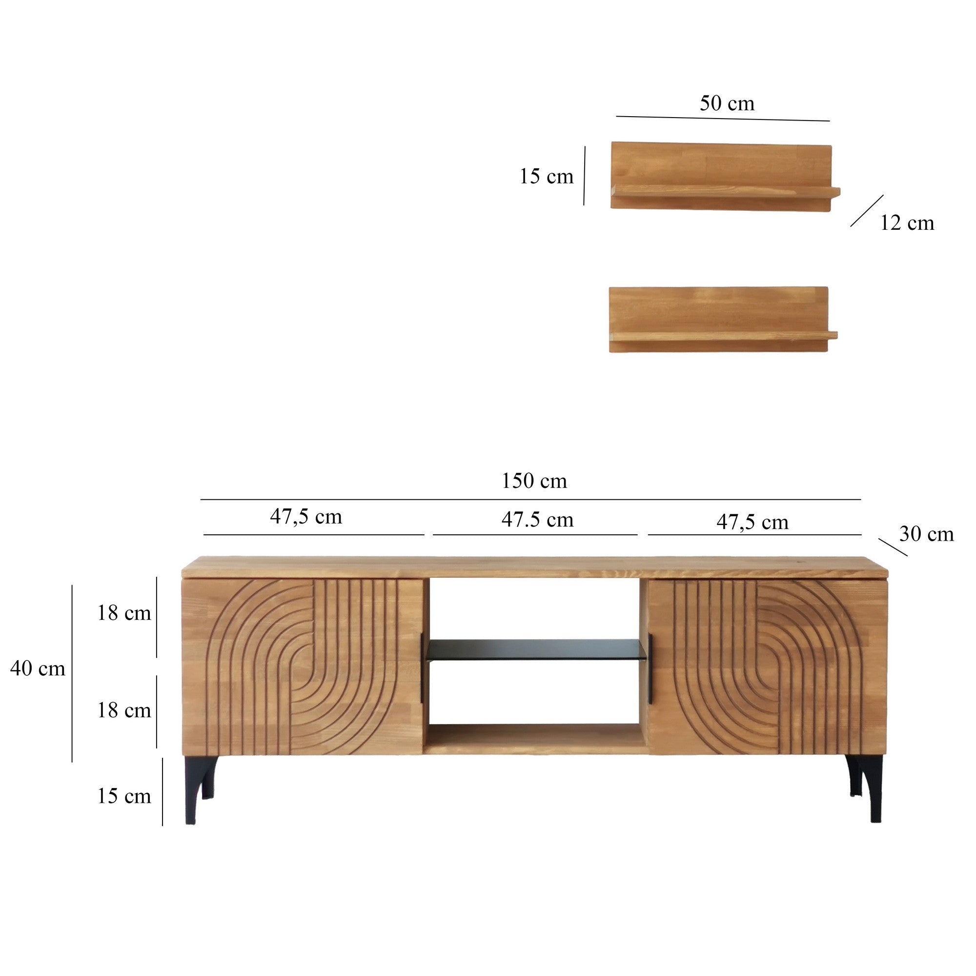 Móvel de TV rústico em carvalho com estrutura de metal, 100% madeira maciça de pinho, pés antibacterianos e antiferrugem | 150 x 30 x 40 cm | Elegante e funcional para espaços modernos