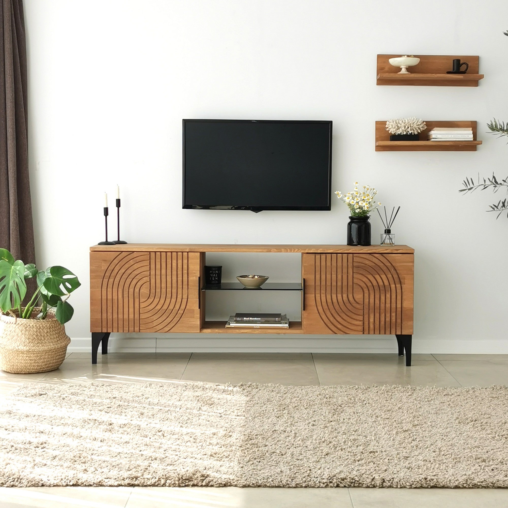 Móvel de TV rústico em carvalho com estrutura de metal, 100% madeira maciça de pinho, pés antibacterianos e antiferrugem | 150 x 30 x 40 cm | Elegante e funcional para espaços modernos