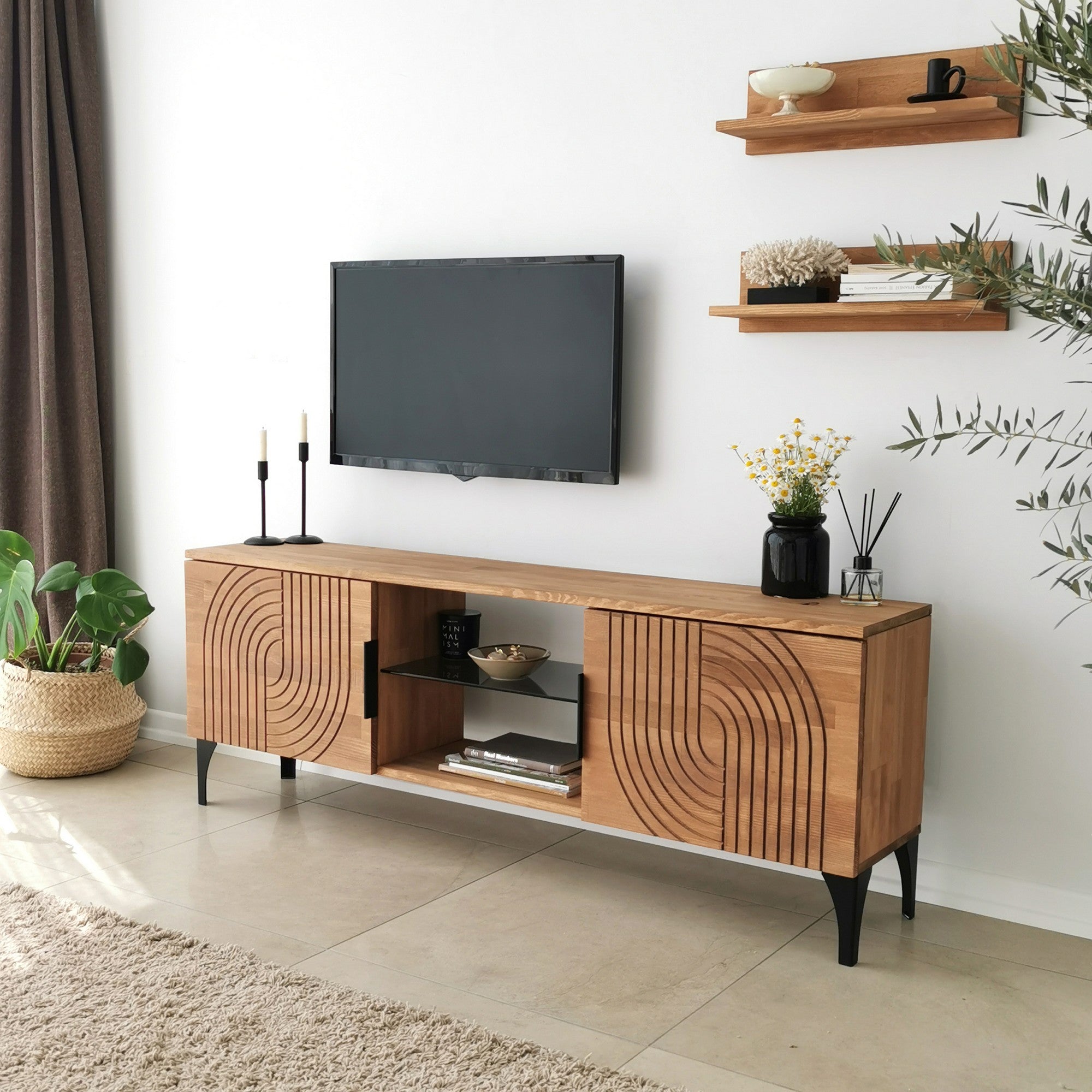 Móvel de TV rústico em carvalho com estrutura de metal, 100% madeira maciça de pinho, pés antibacterianos e antiferrugem | 150 x 30 x 40 cm | Elegante e funcional para espaços modernos