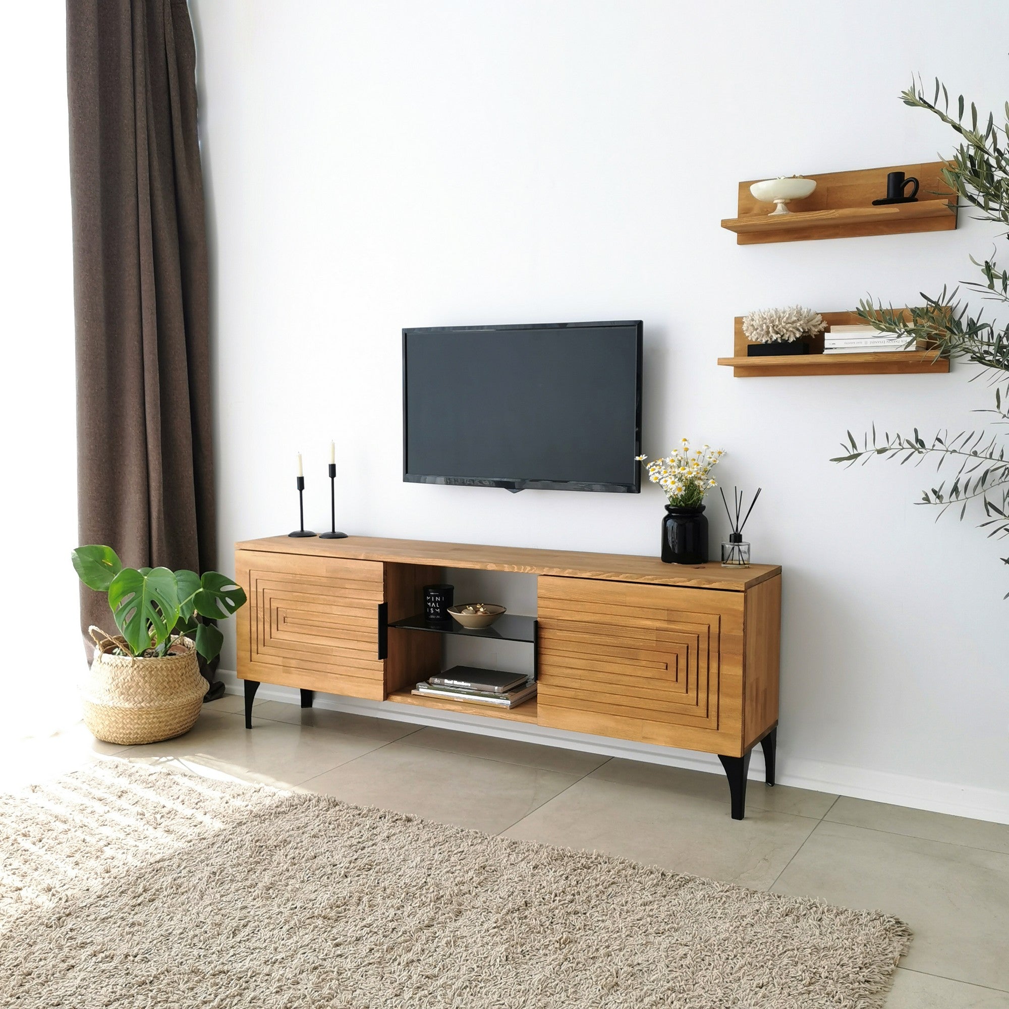 Móvel de TV rústico em carvalho com estrutura de metal, 100% madeira maciça de pinho, pés antibacterianos e antiferrugem | 150 x 30 x 40 cm | Elegante e funcional para espaços modernos