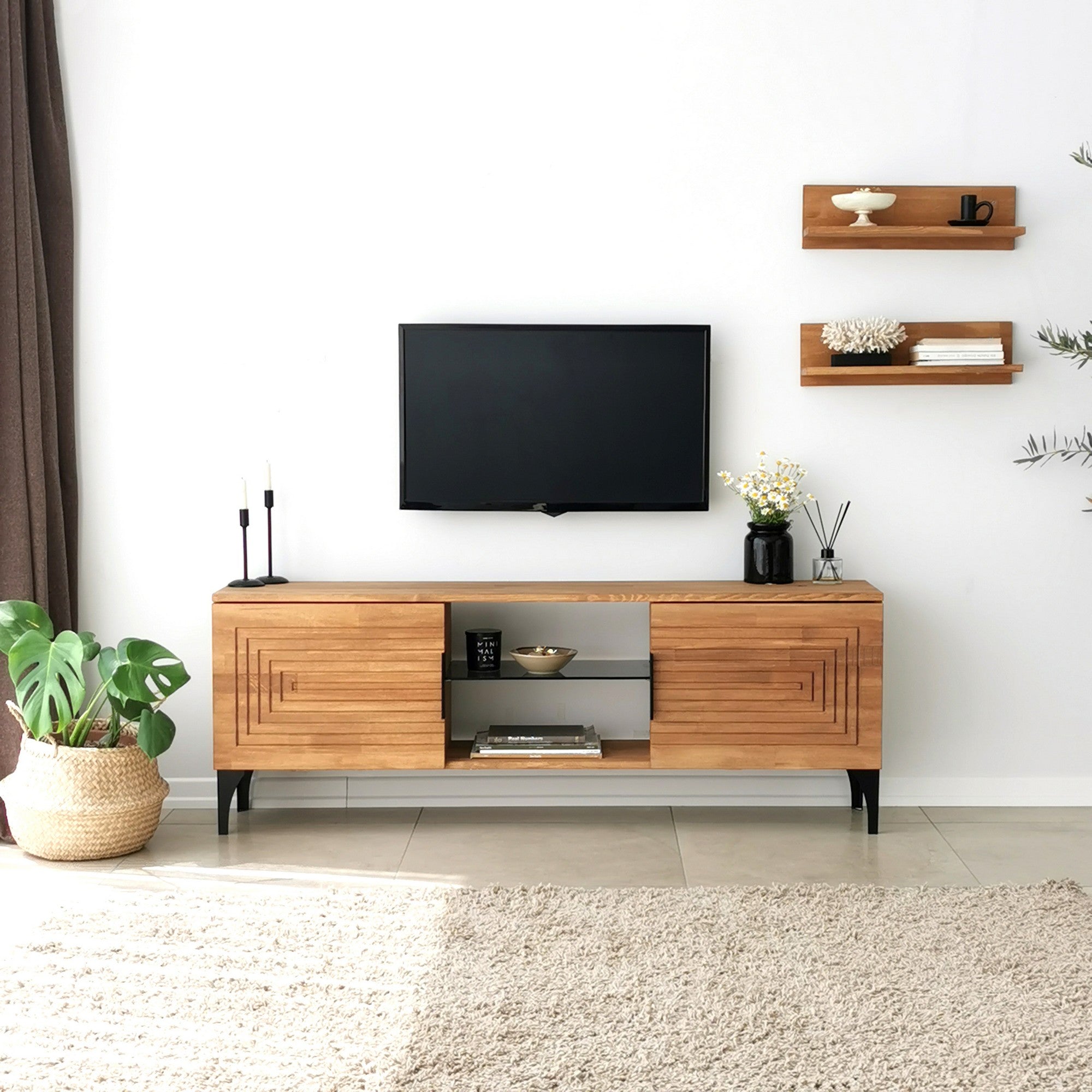 Móvel de TV rústico em carvalho com estrutura de metal, 100% madeira maciça de pinho, pés antibacterianos e antiferrugem | 150 x 30 x 40 cm | Elegante e funcional para espaços modernos